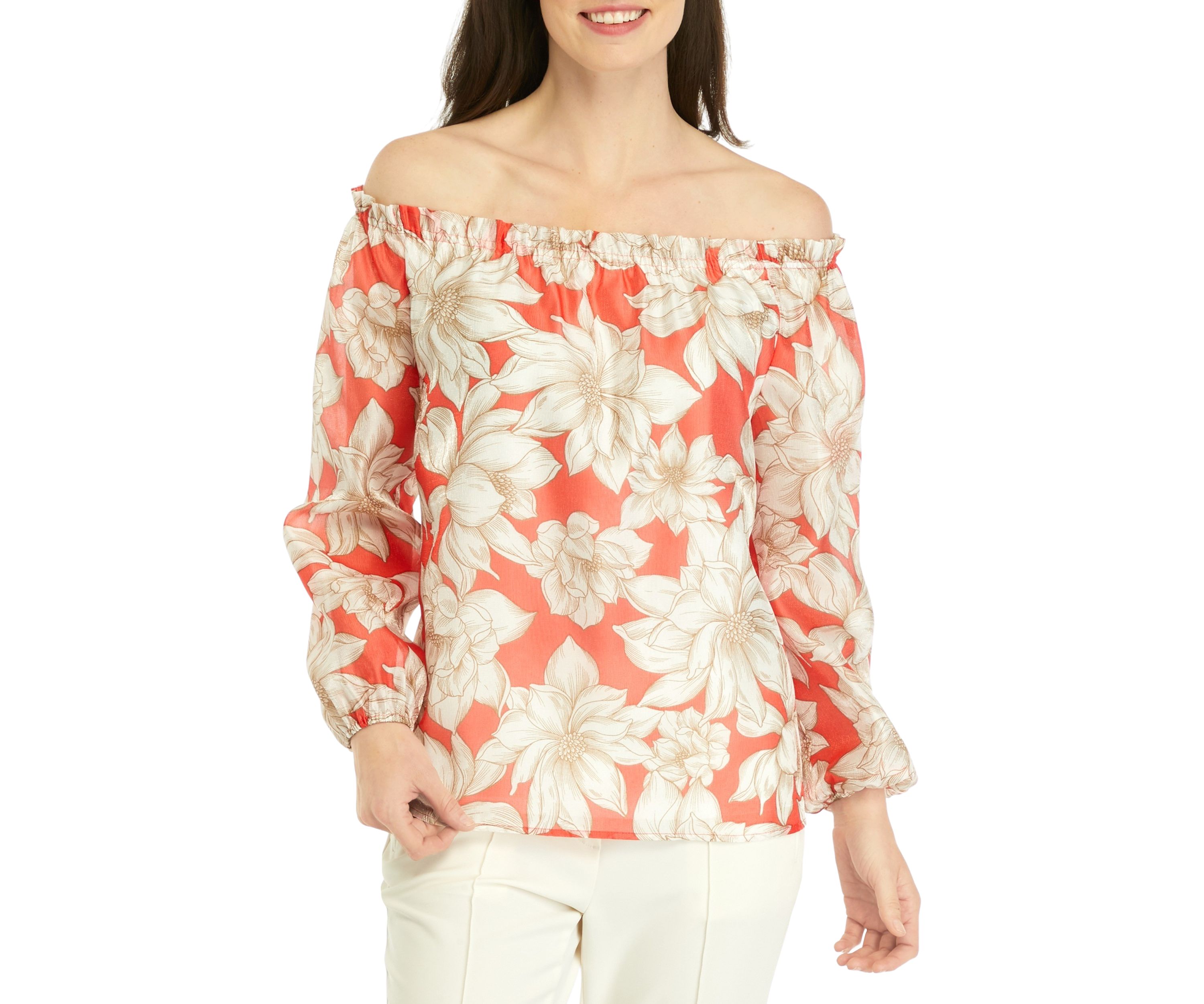 Womens Smocked Neckline Blouse with Long Elastic Cuff Sleeves