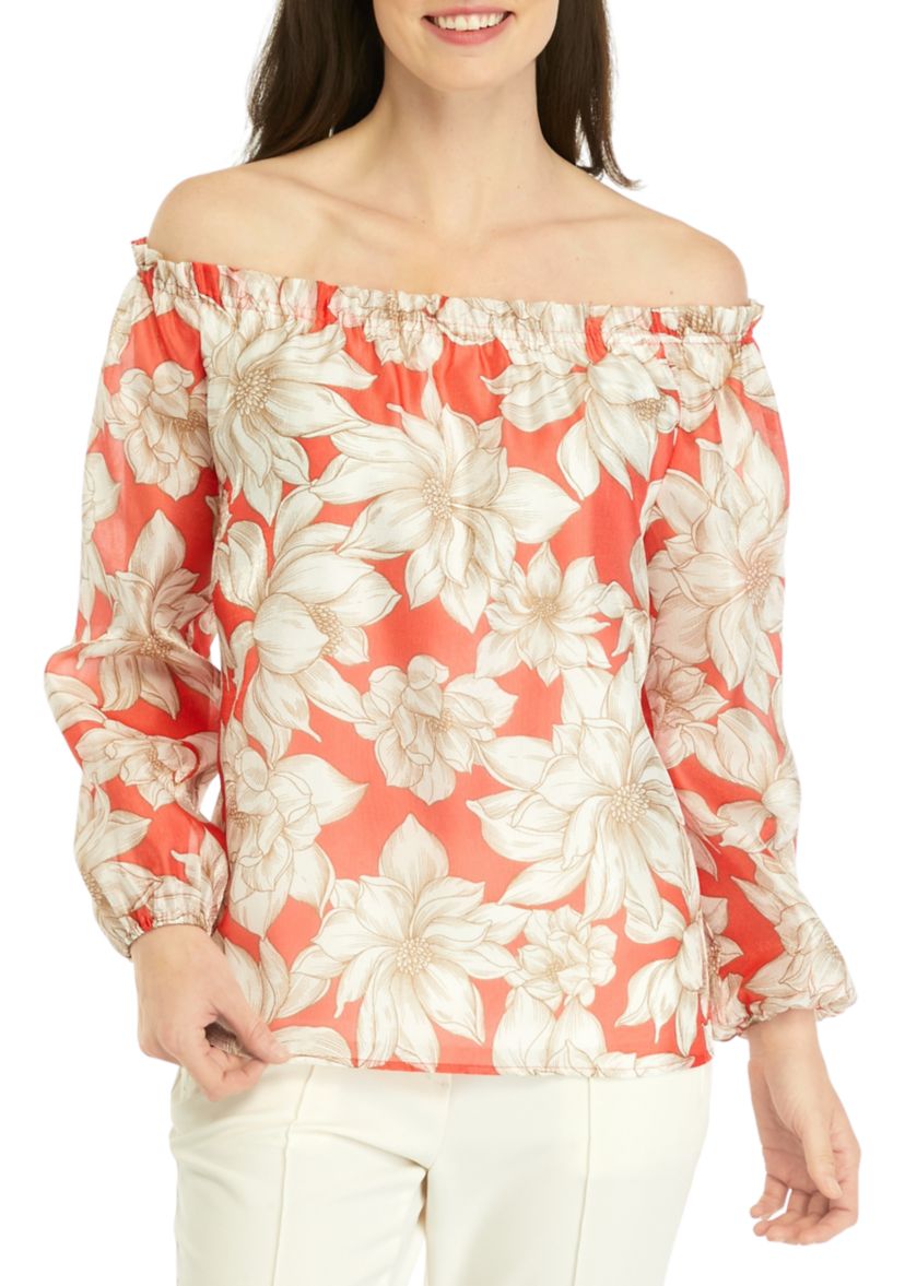 Womens Smocked Neckline Blouse with Long Elastic Cuff Sleeves