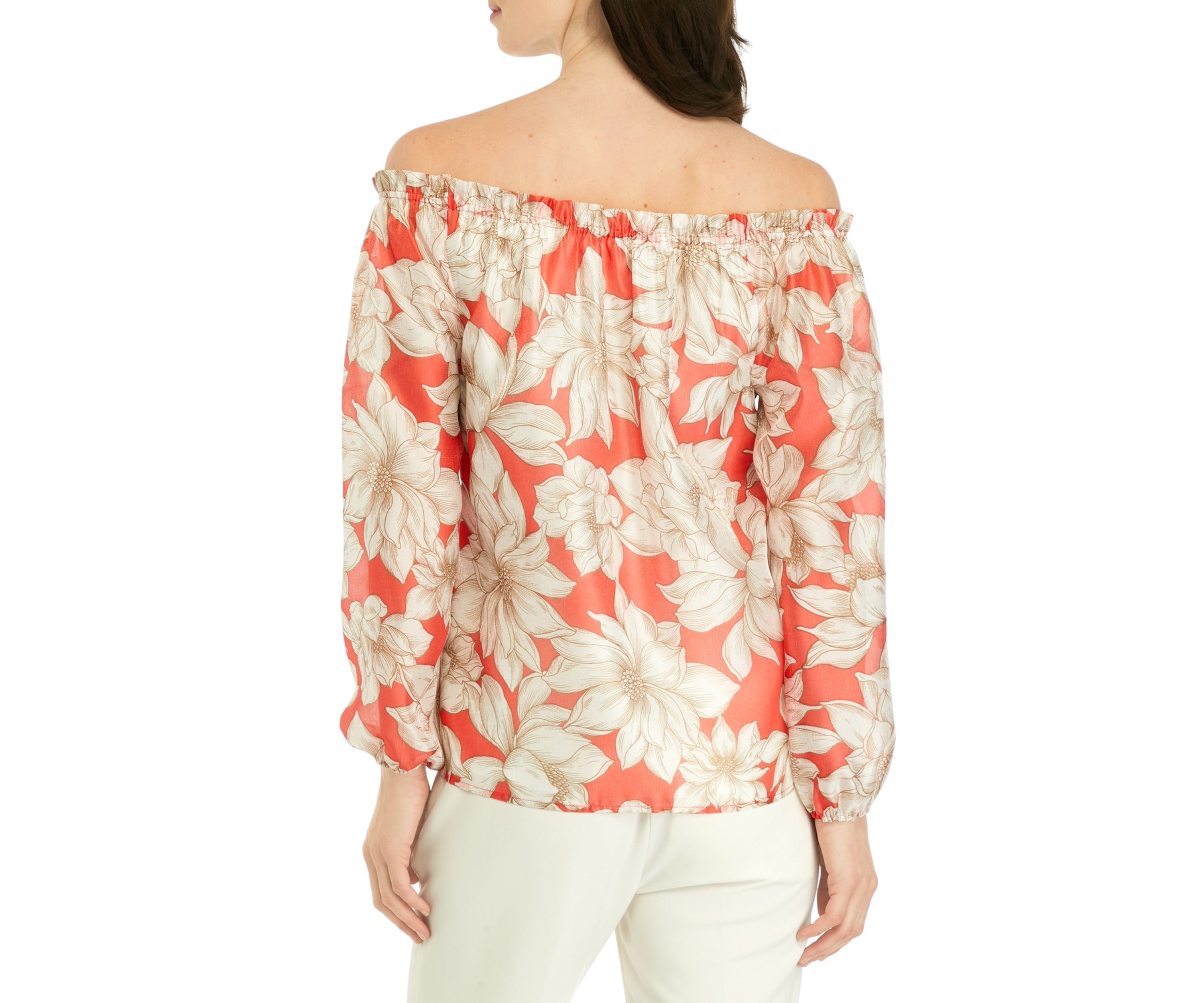 Womens Smocked Neckline Blouse with Long Elastic Cuff Sleeves