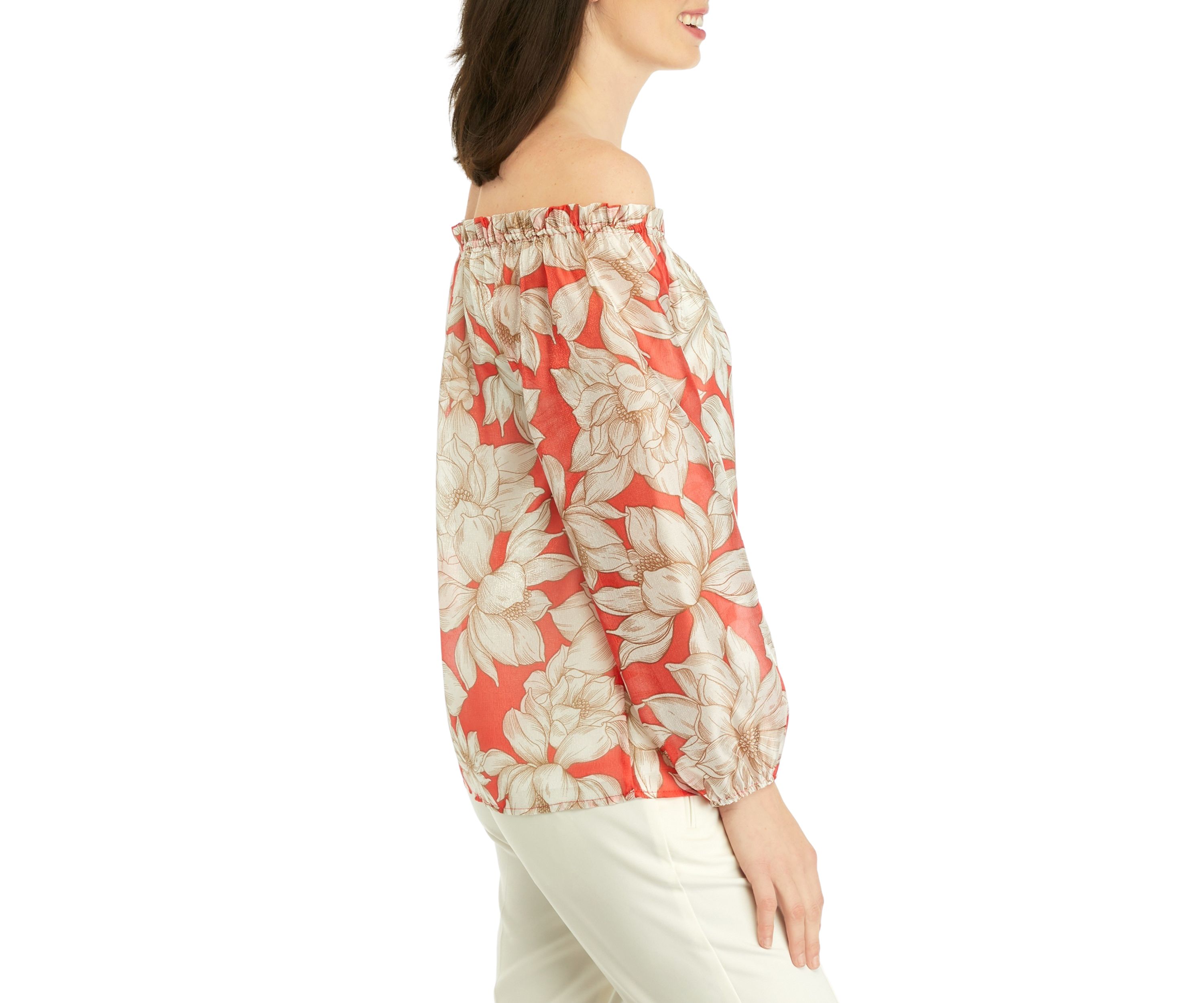 Womens Smocked Neckline Blouse with Long Elastic Cuff Sleeves