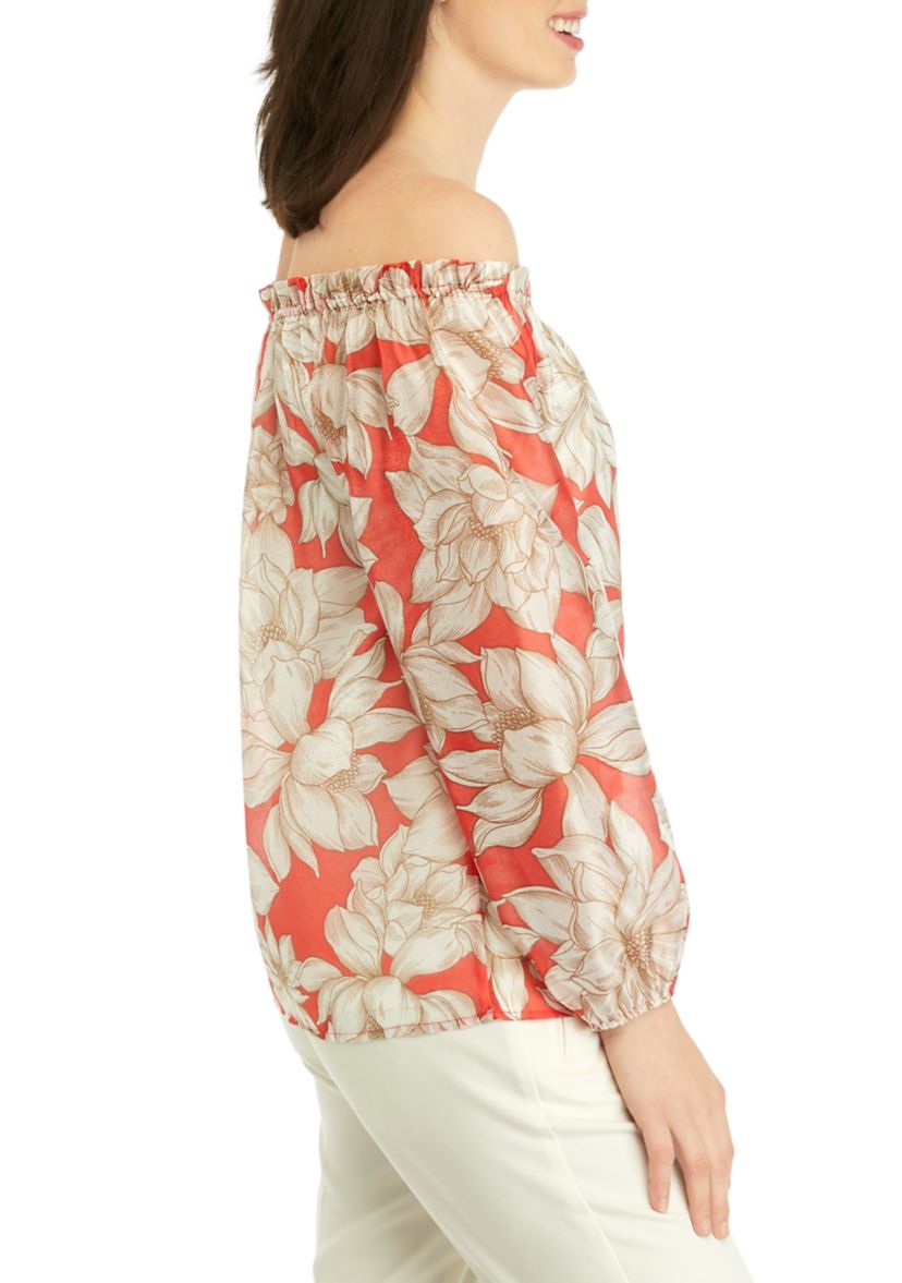 Womens Smocked Neckline Blouse with Long Elastic Cuff Sleeves