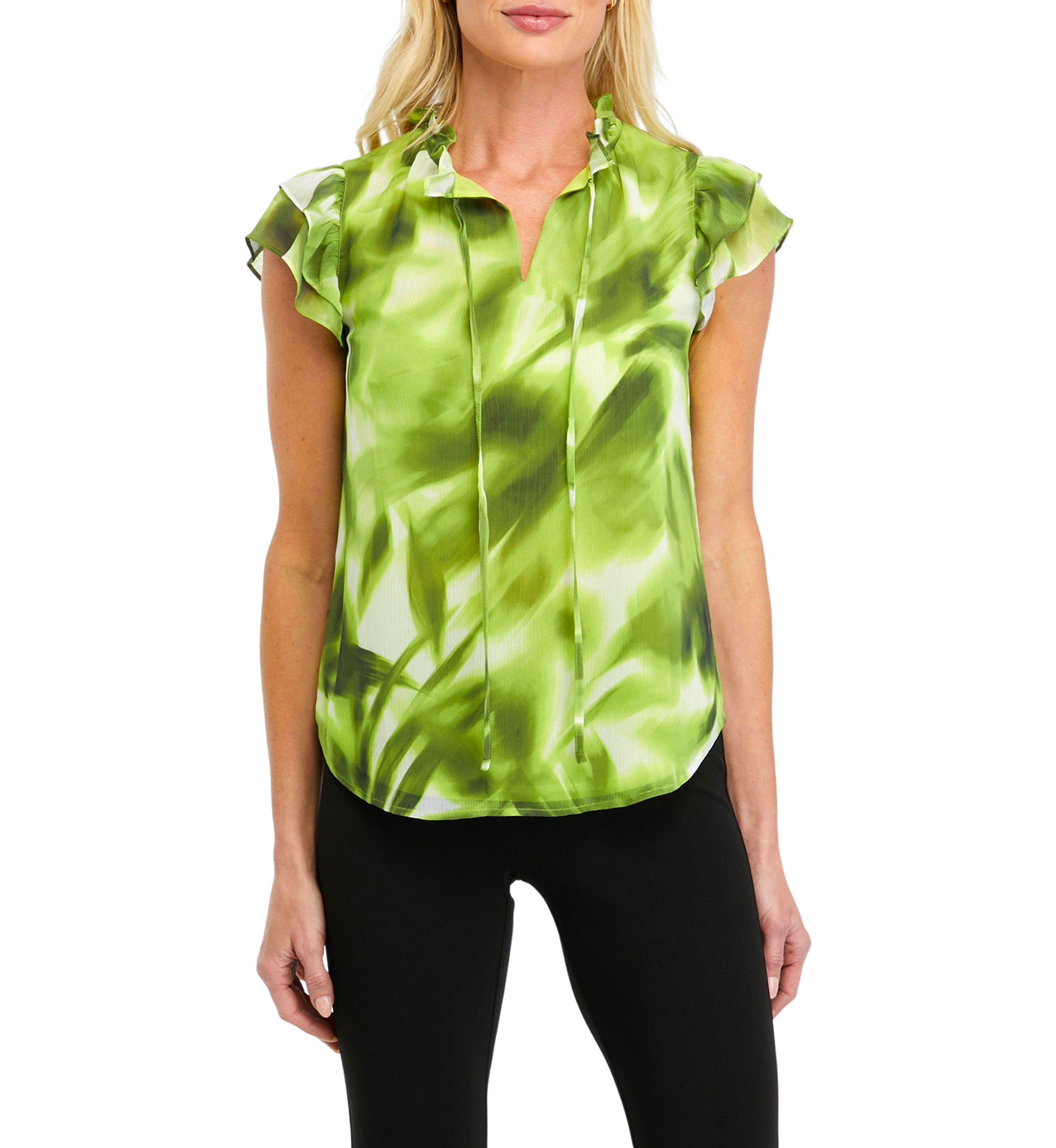 Womens Printed Ruffle Tie Neck Blouse