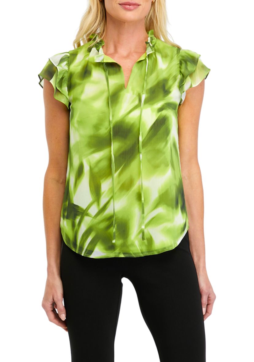 Womens Printed Ruffle Tie Neck Blouse