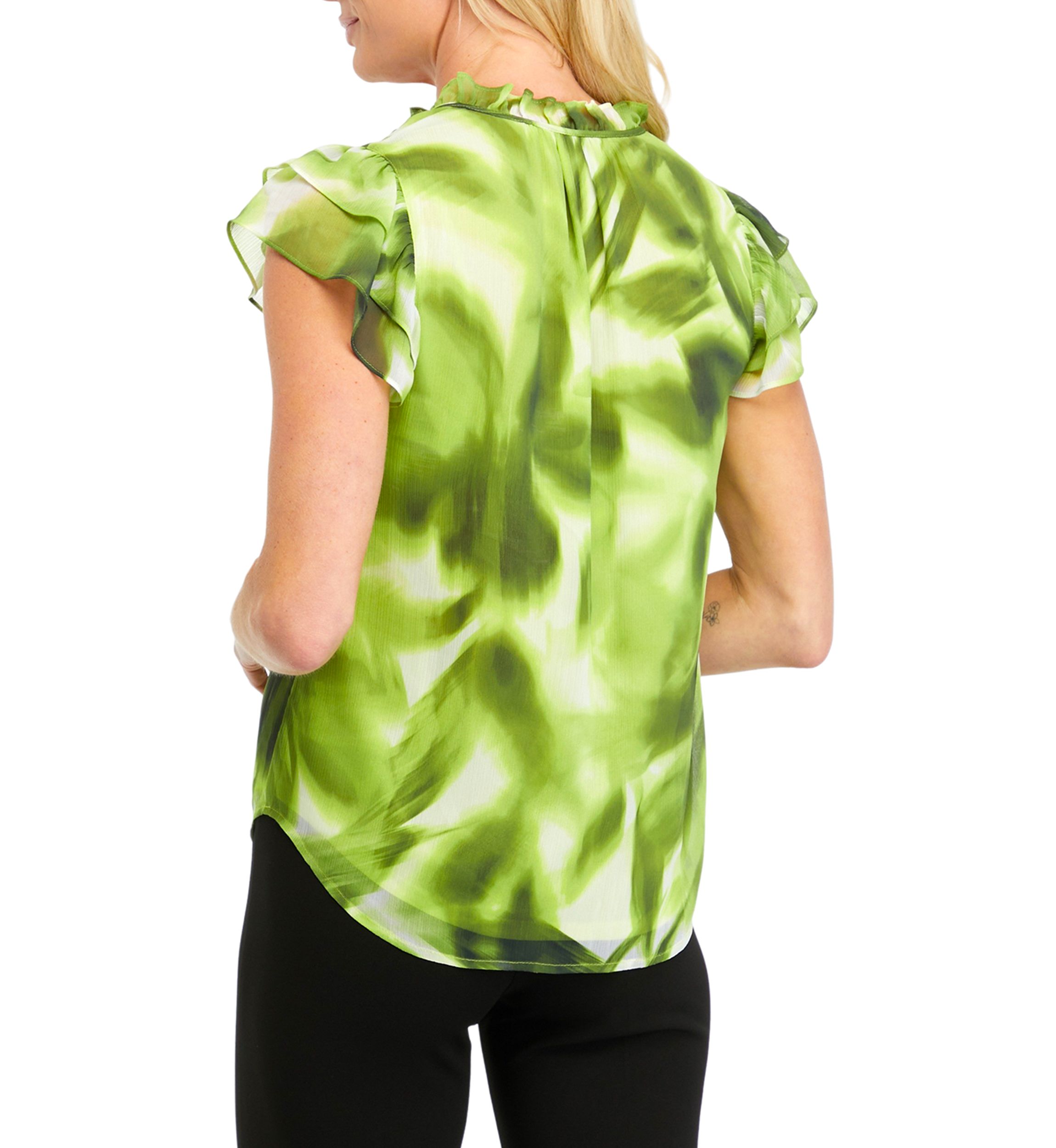 Womens Printed Ruffle Tie Neck Blouse