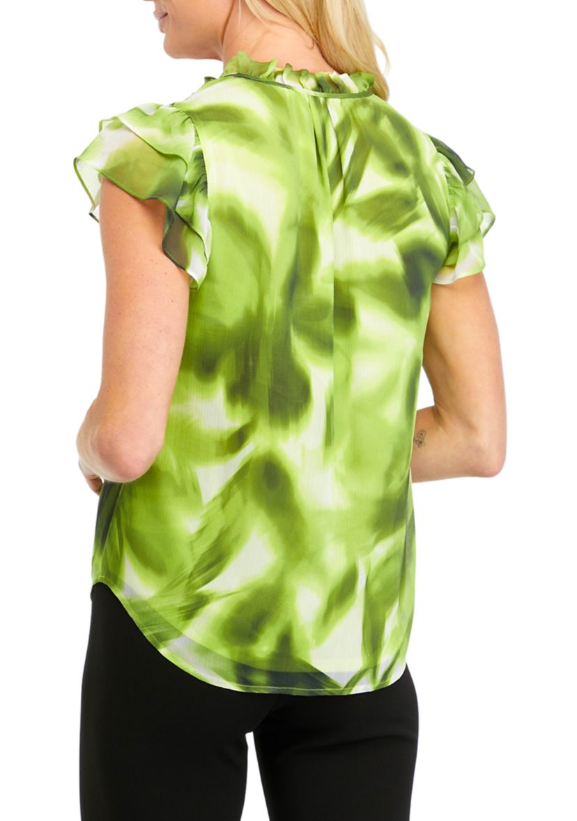 Womens Printed Ruffle Tie Neck Blouse