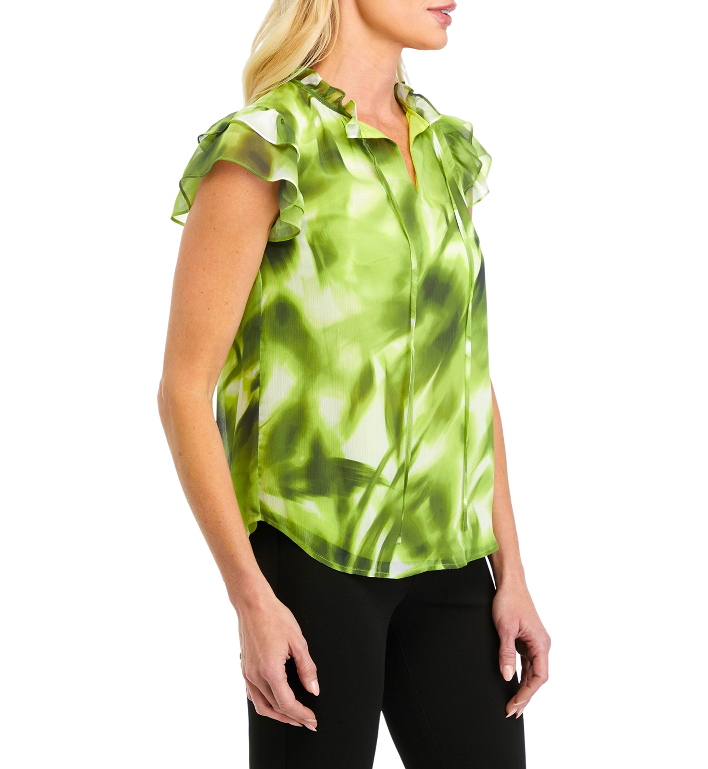 Womens Printed Ruffle Tie Neck Blouse