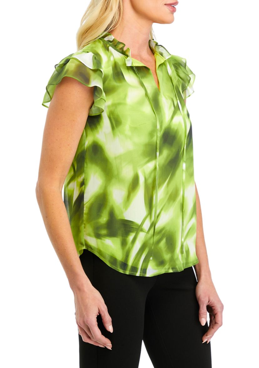 Womens Printed Ruffle Tie Neck Blouse