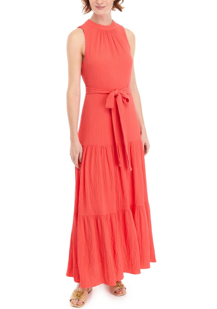 Womens Tiered Tie Neck Maxi Dress