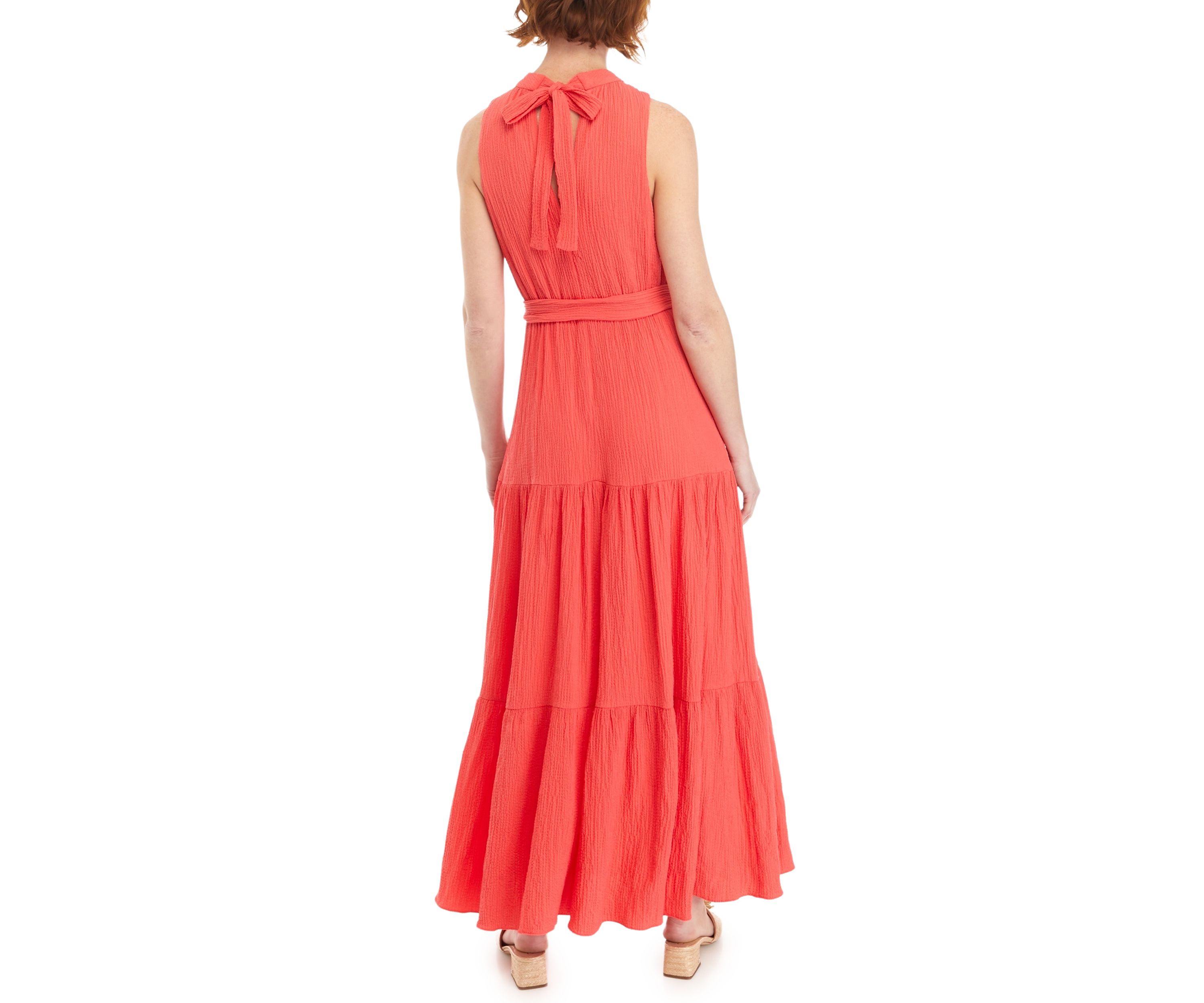 Womens Tiered Tie Neck Maxi Dress