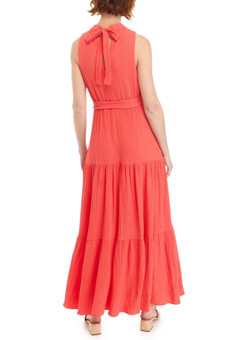 Womens Tiered Tie Neck Maxi Dress
