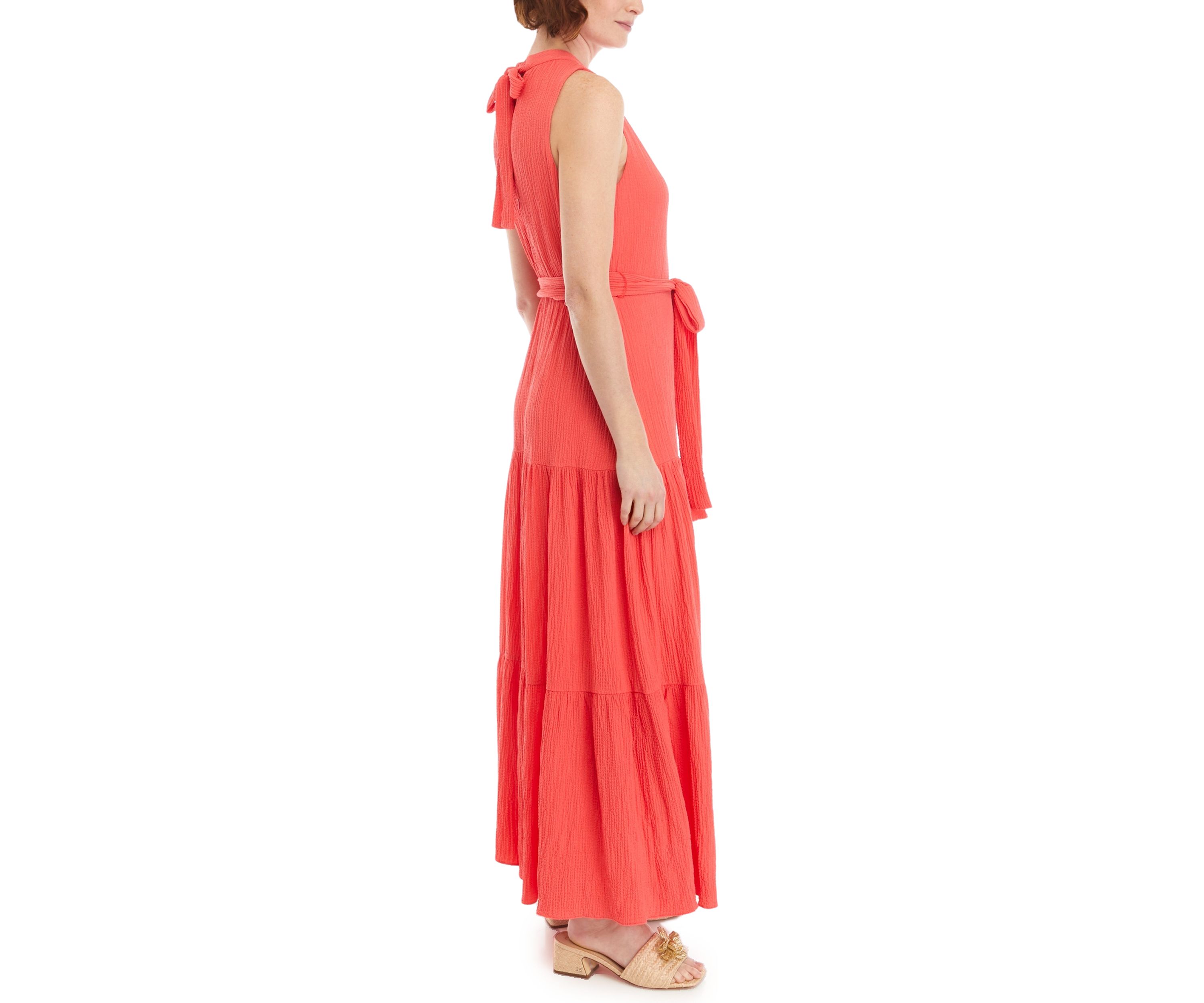 Womens Tiered Tie Neck Maxi Dress