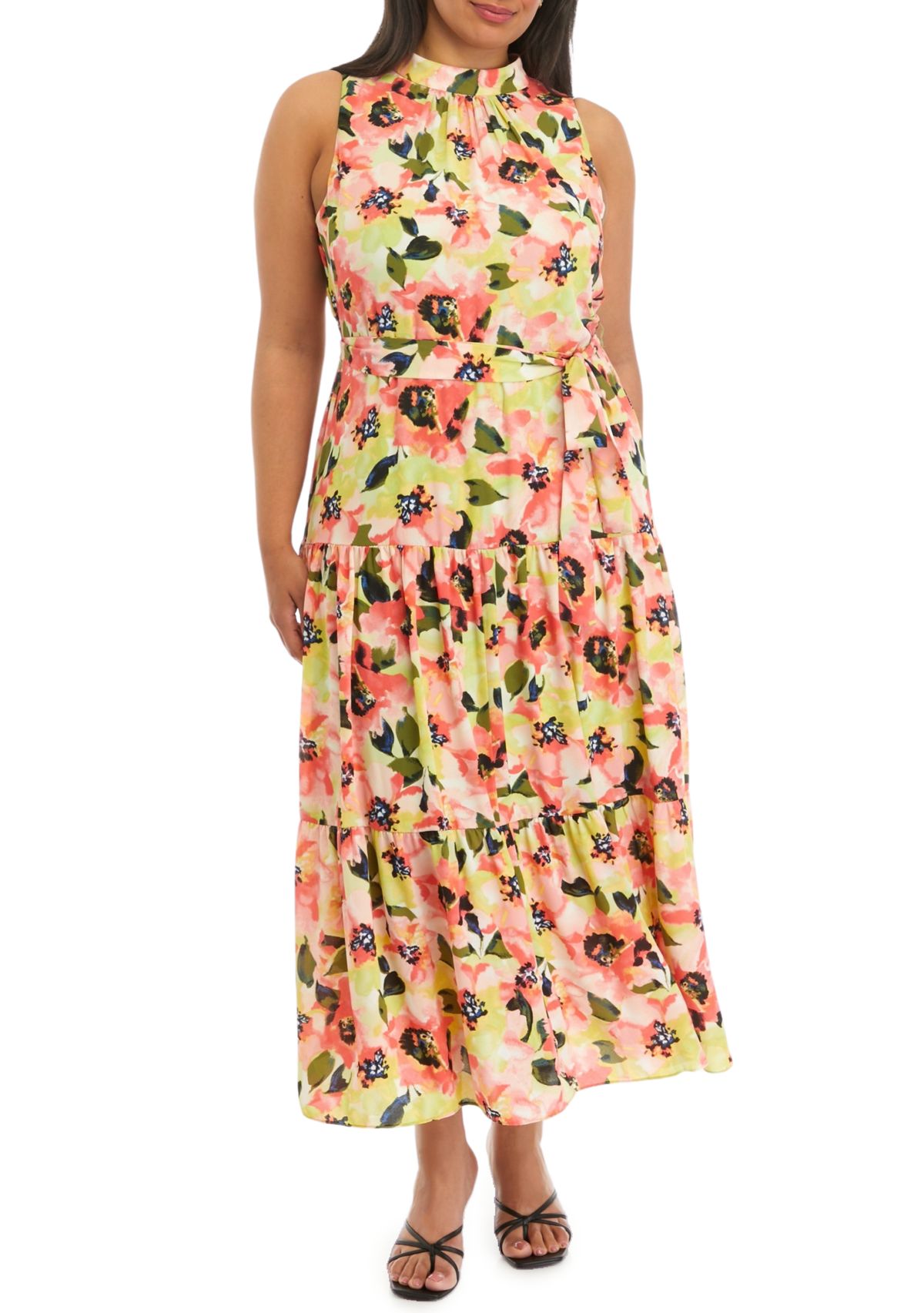 Plus Size Tiered Tie Neck Maxi Dress