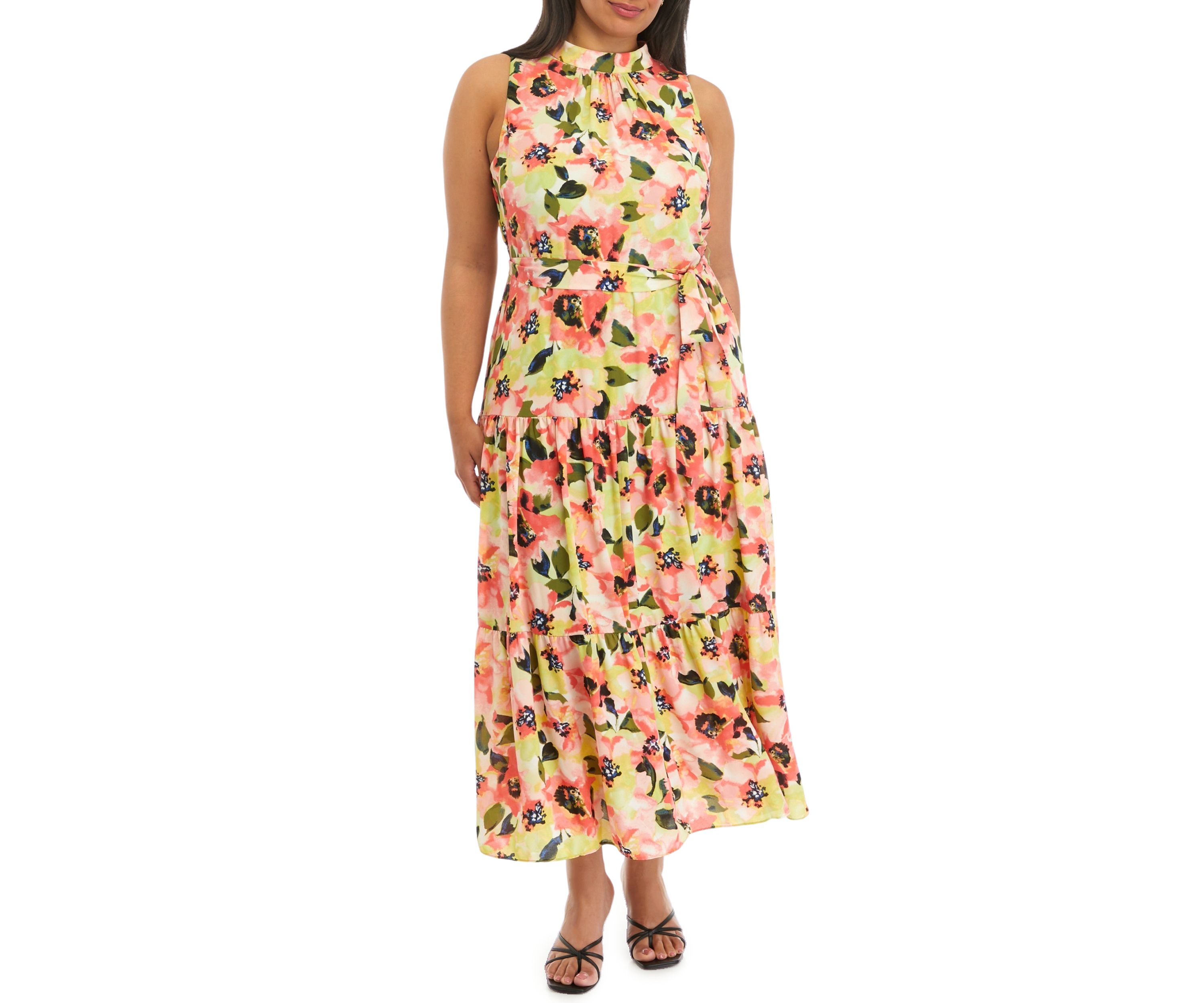 Plus Size Tiered Tie Neck Maxi Dress