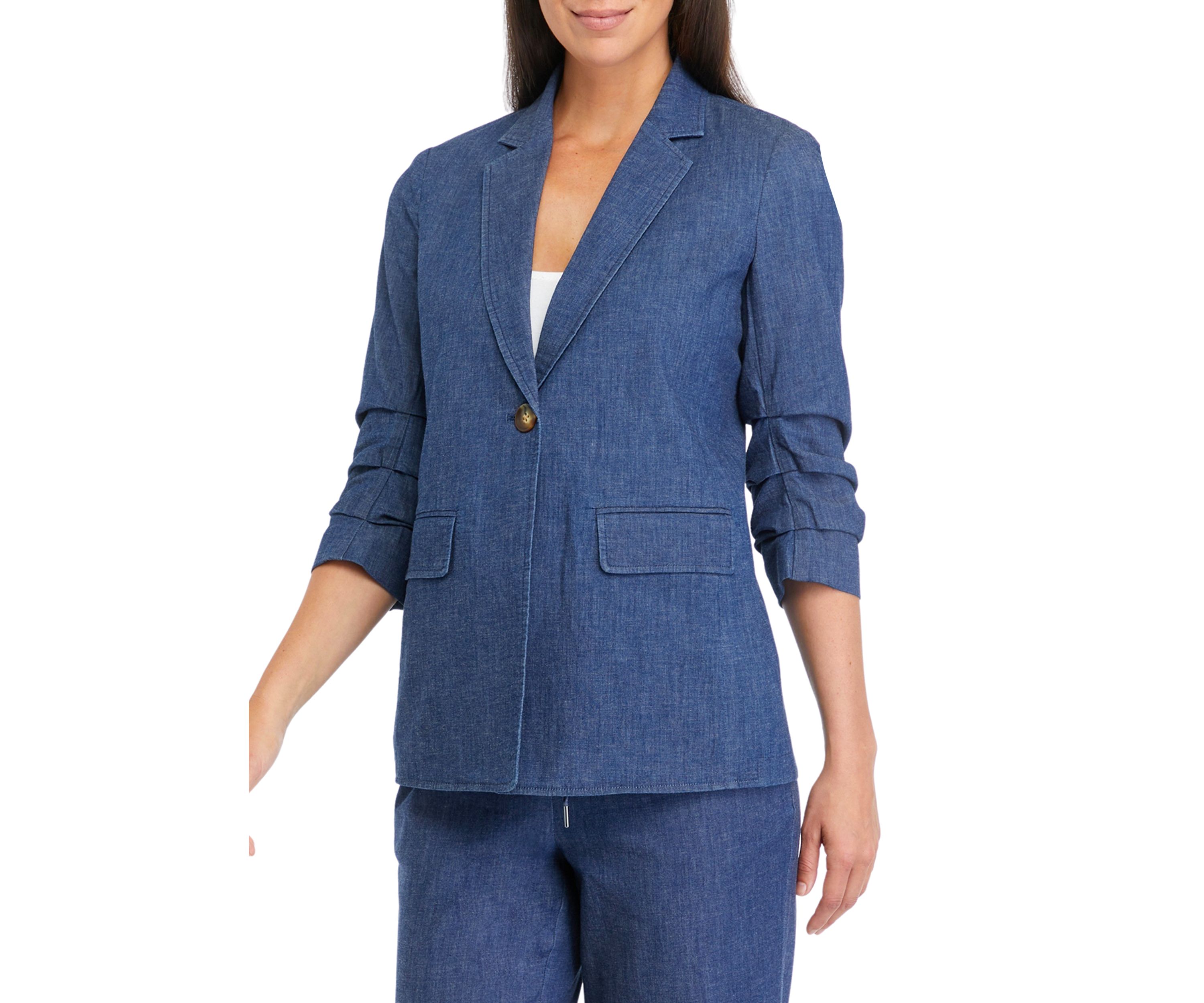 Womens One Button Notch Collar Scrunch Sleeve Blazer