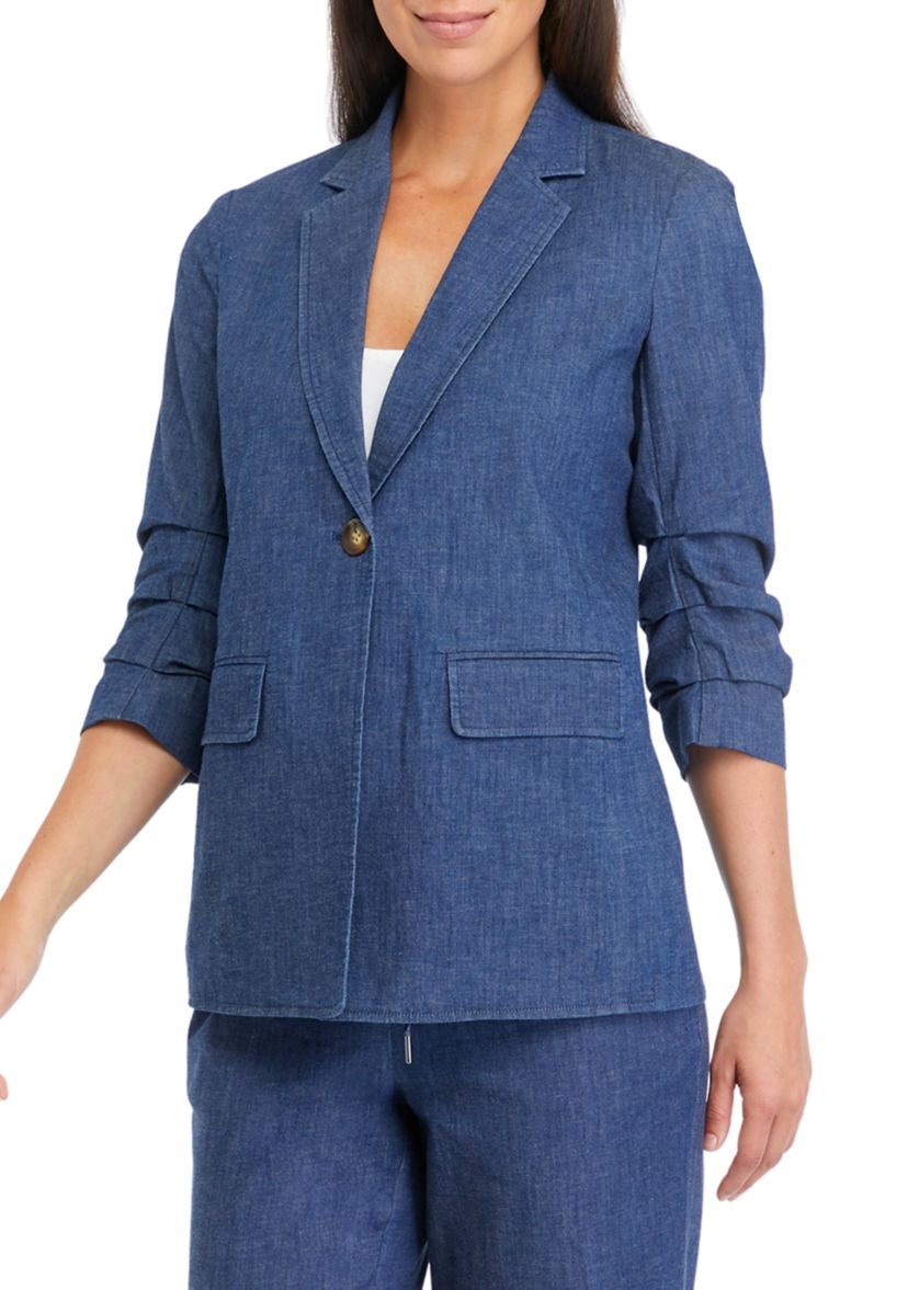 Womens One Button Notch Collar Scrunch Sleeve Blazer