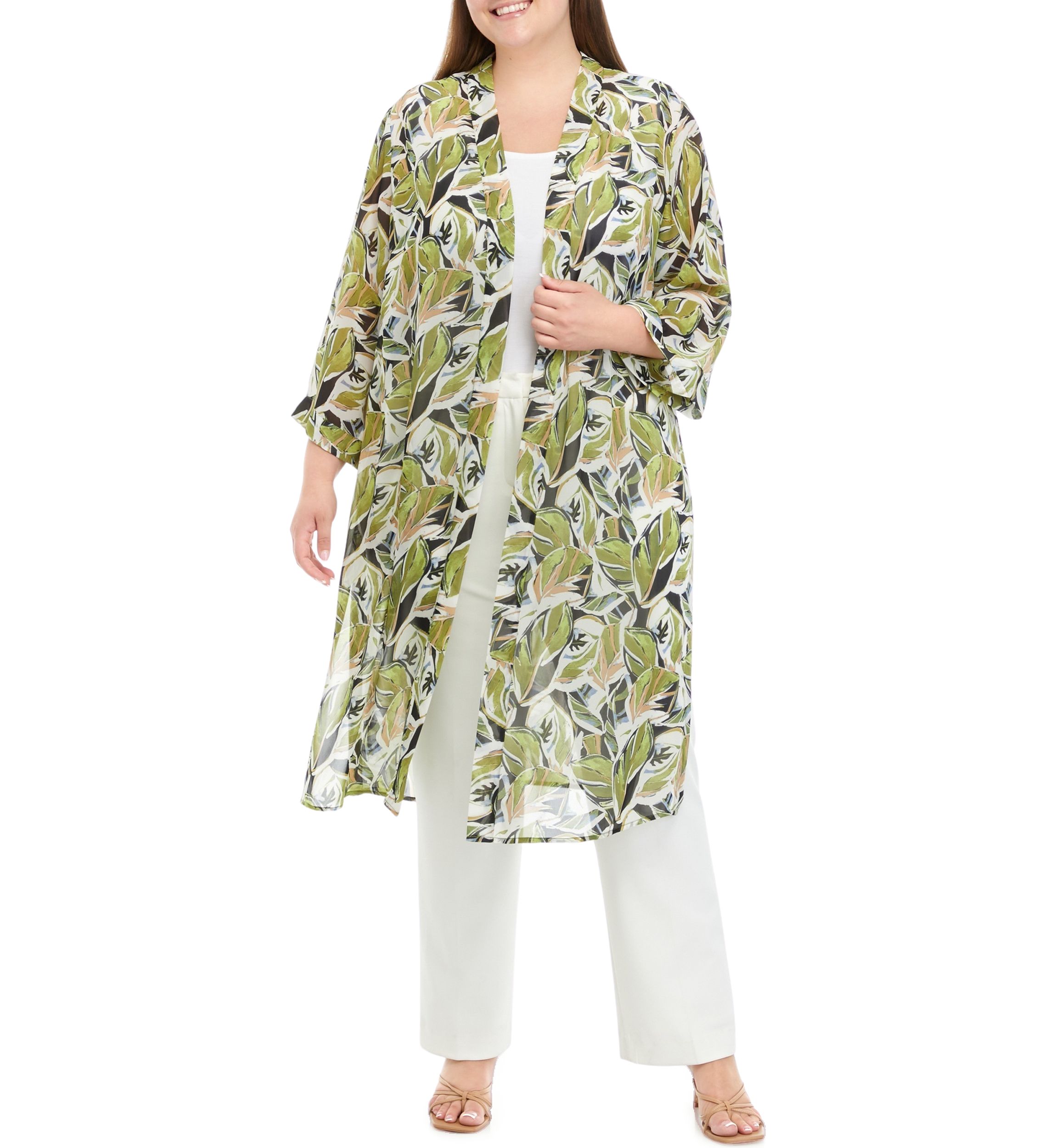 Plus Size Long Sleeve Duster with Side Slits 