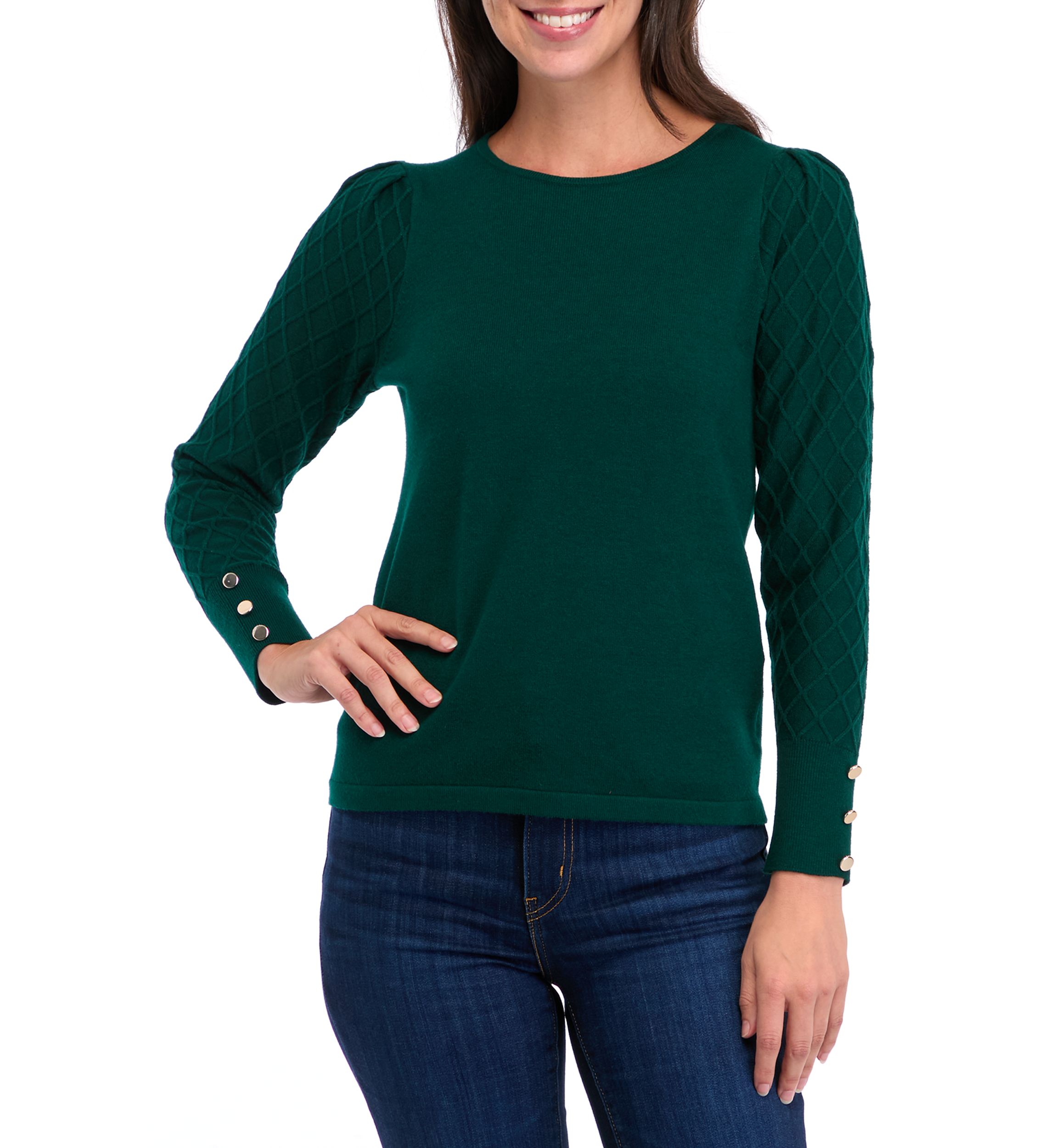 Petite Diamond Stitch Puff Sleeve Crew Neck Sweater