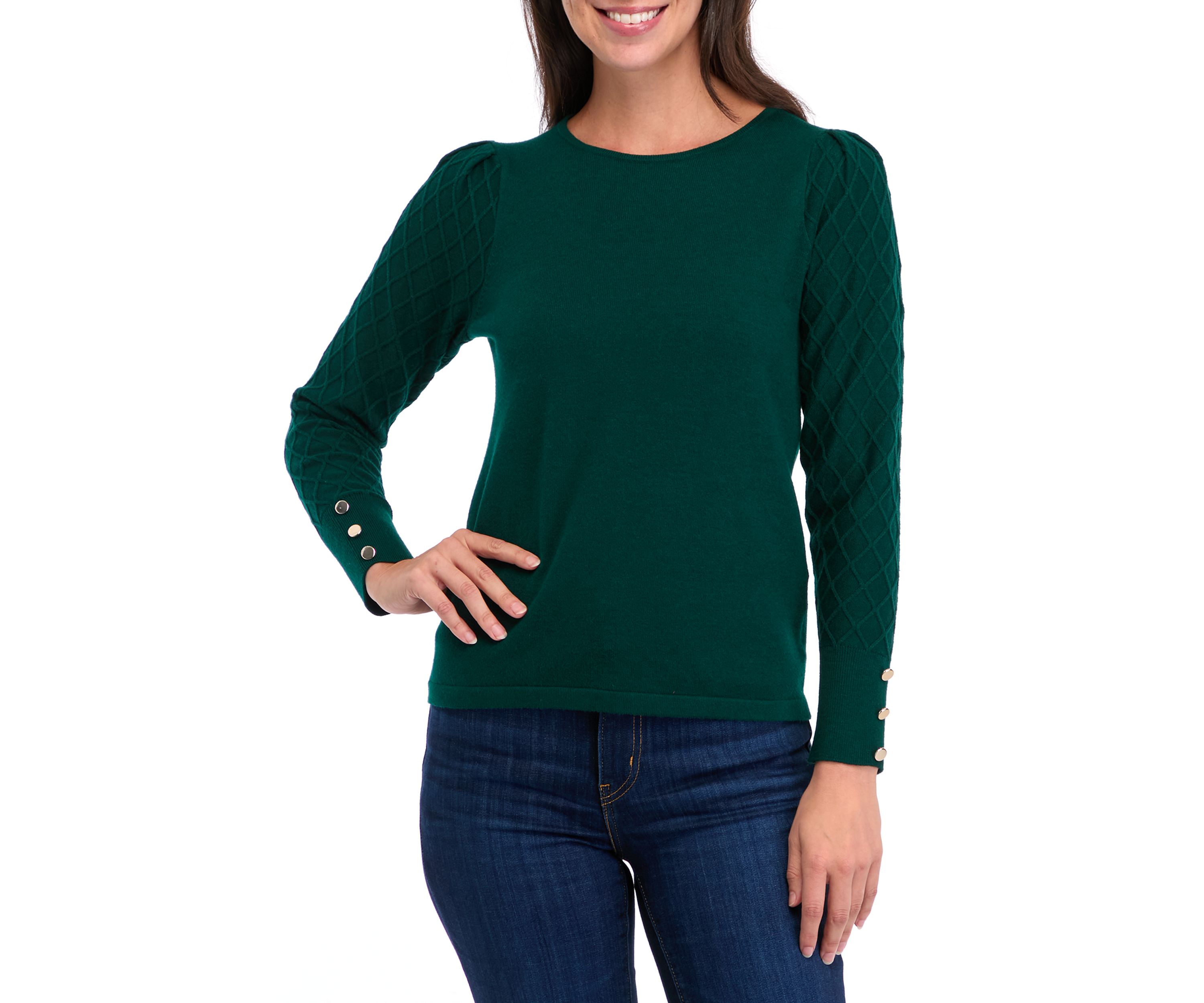 Petite Diamond Stitch Puff Sleeve Crew Neck Sweater