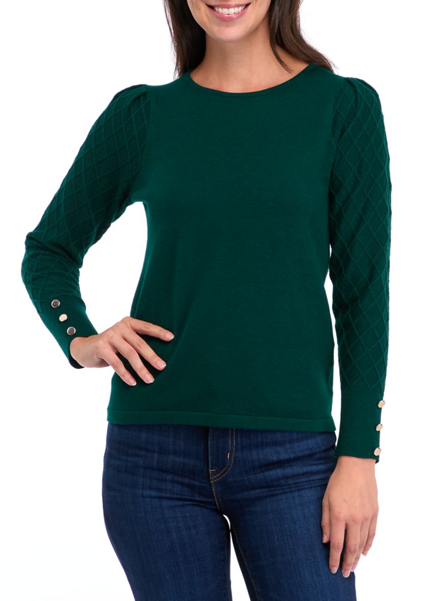 Petite Diamond Stitch Puff Sleeve Crew Neck Sweater