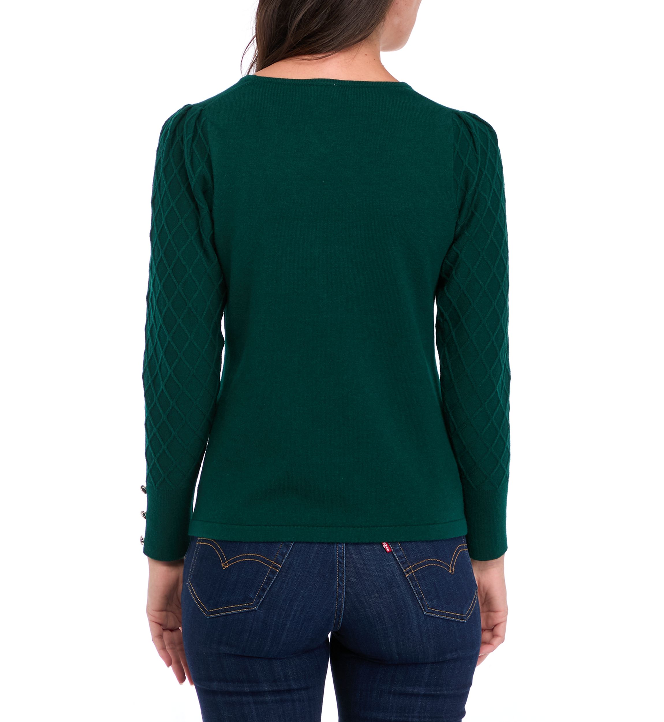 Petite Diamond Stitch Puff Sleeve Crew Neck Sweater
