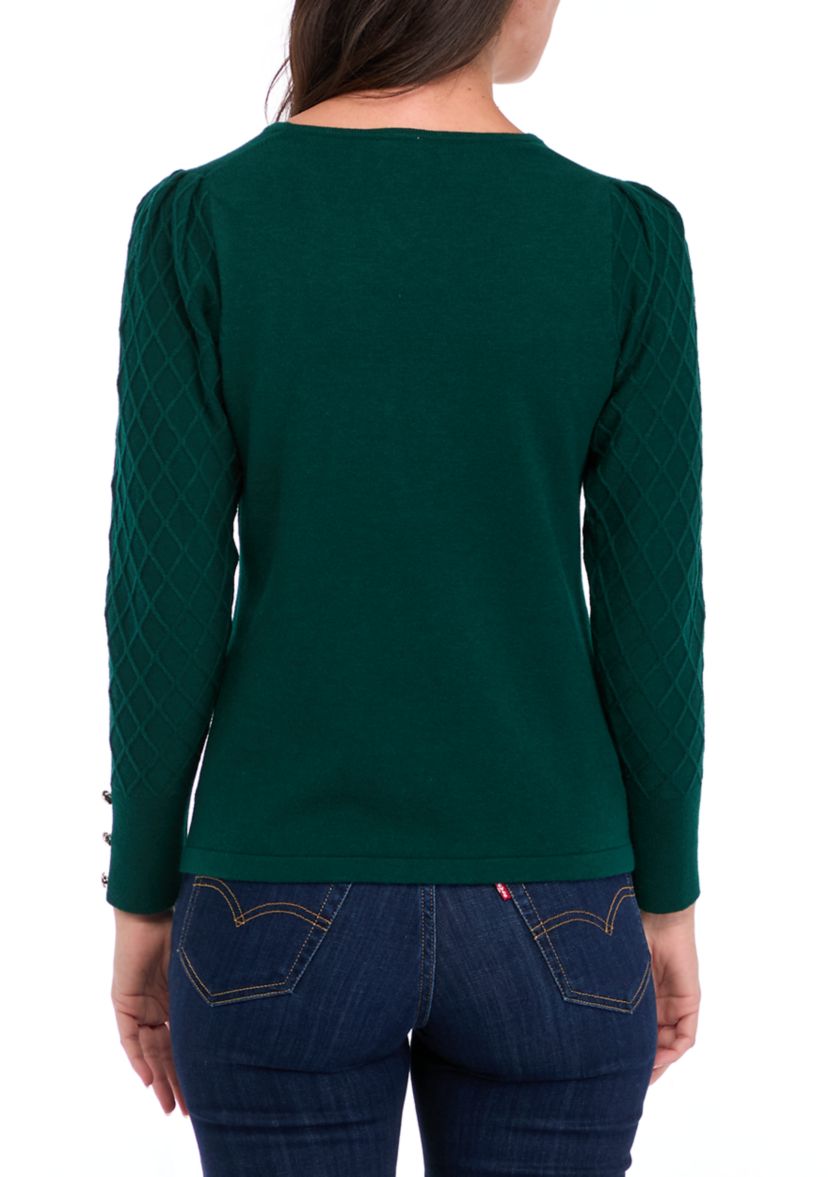 Petite Diamond Stitch Puff Sleeve Crew Neck Sweater