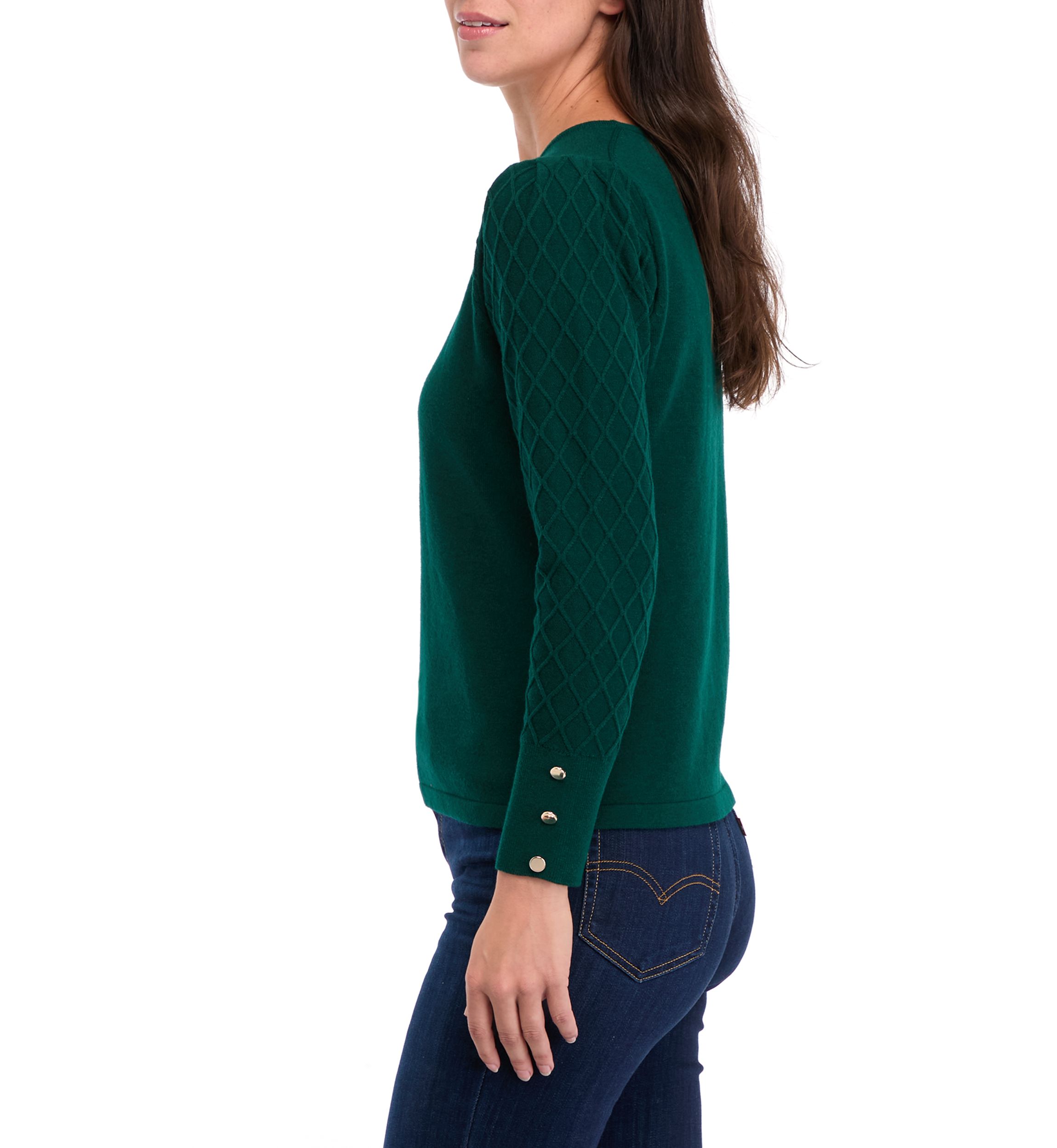 Petite Diamond Stitch Puff Sleeve Crew Neck Sweater