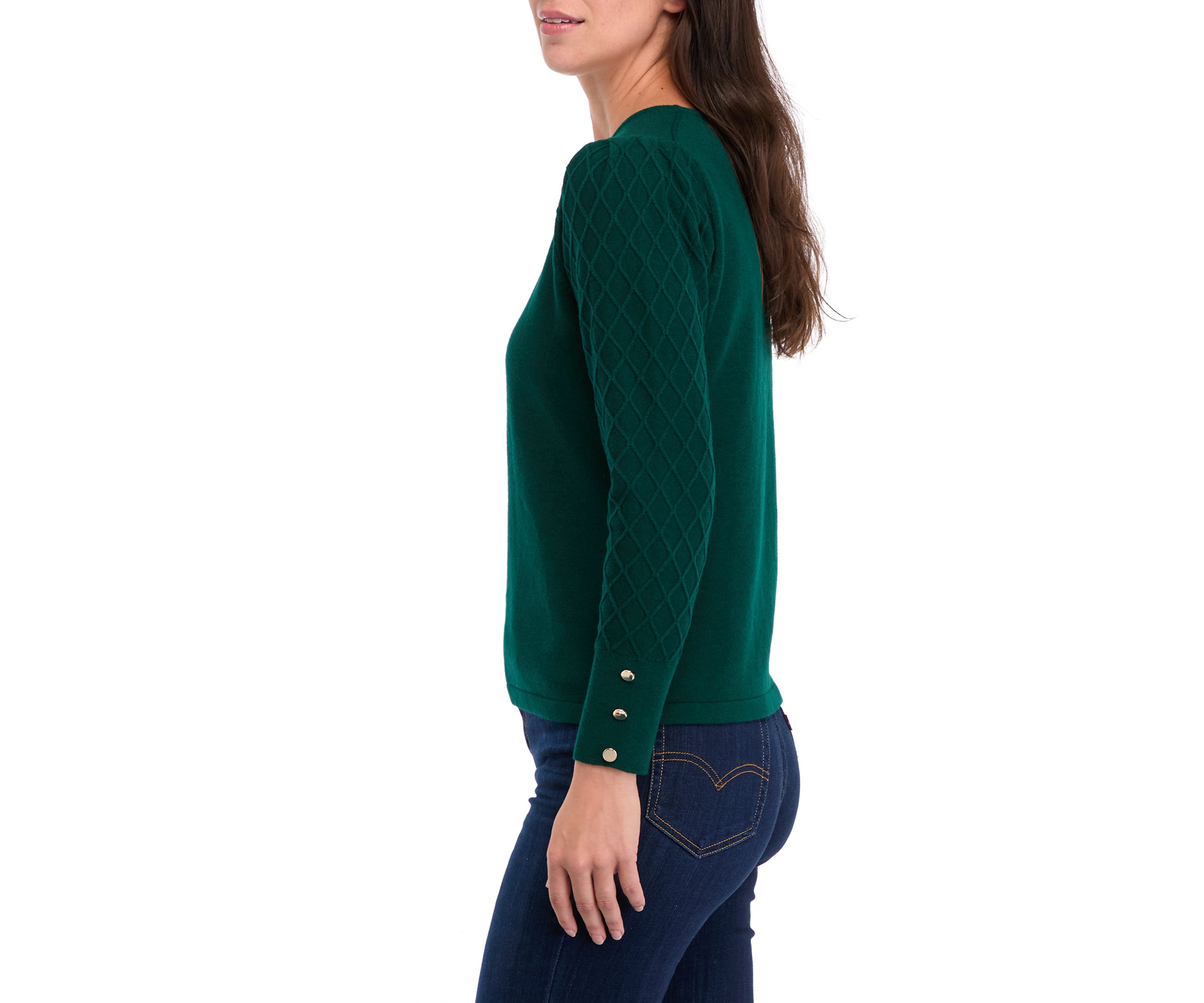 Petite Diamond Stitch Puff Sleeve Crew Neck Sweater