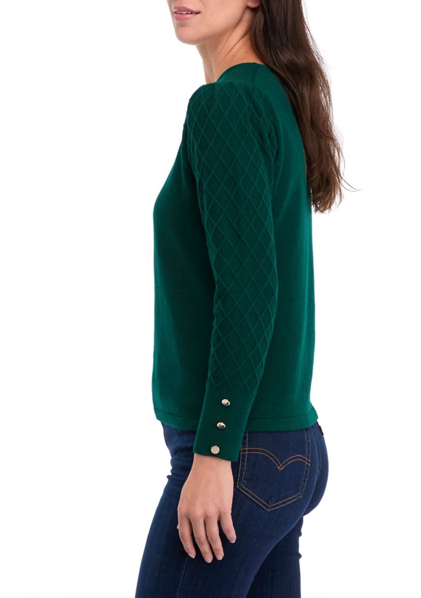 Petite Diamond Stitch Puff Sleeve Crew Neck Sweater