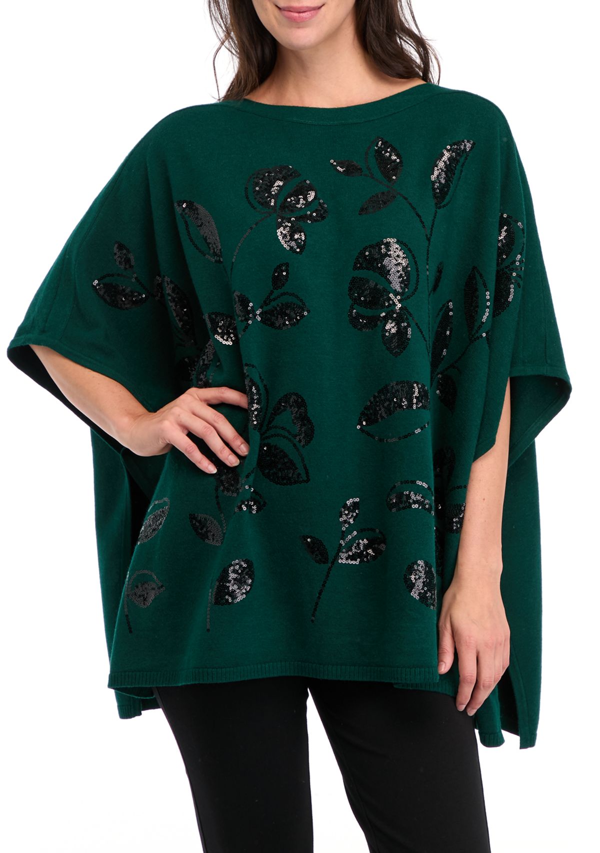 Womens Elbow Sleeve Embellished Kimono Poncho