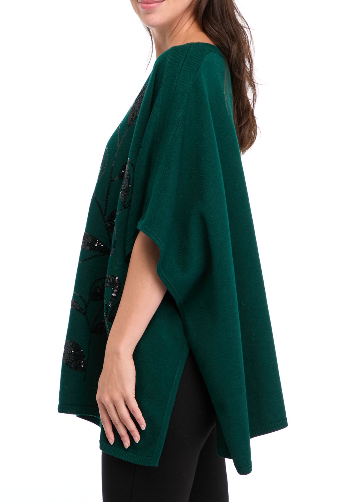 Womens Elbow Sleeve Embellished Kimono Poncho