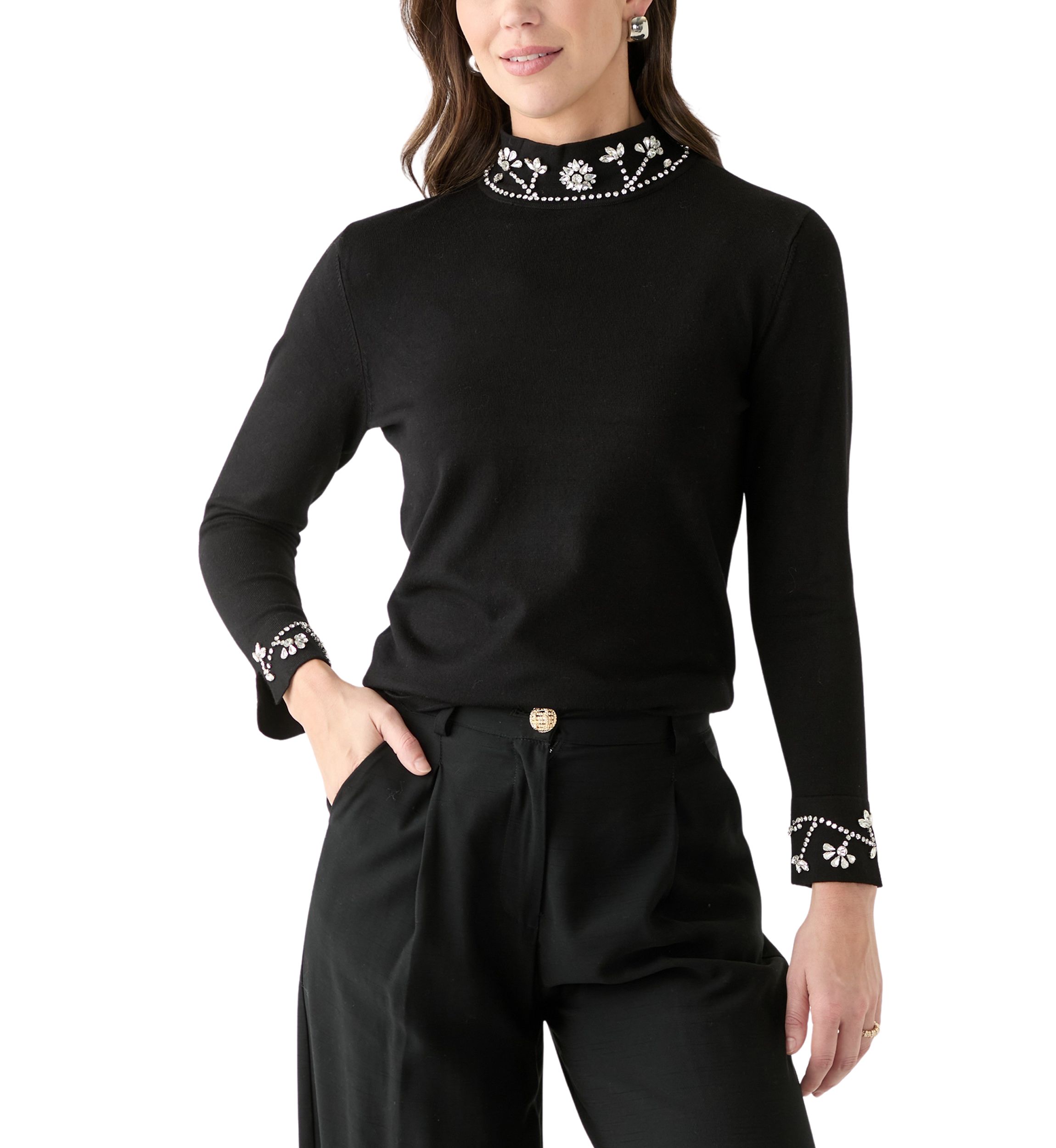 Womens Long Sleeve Rhinestone Neck Sweater