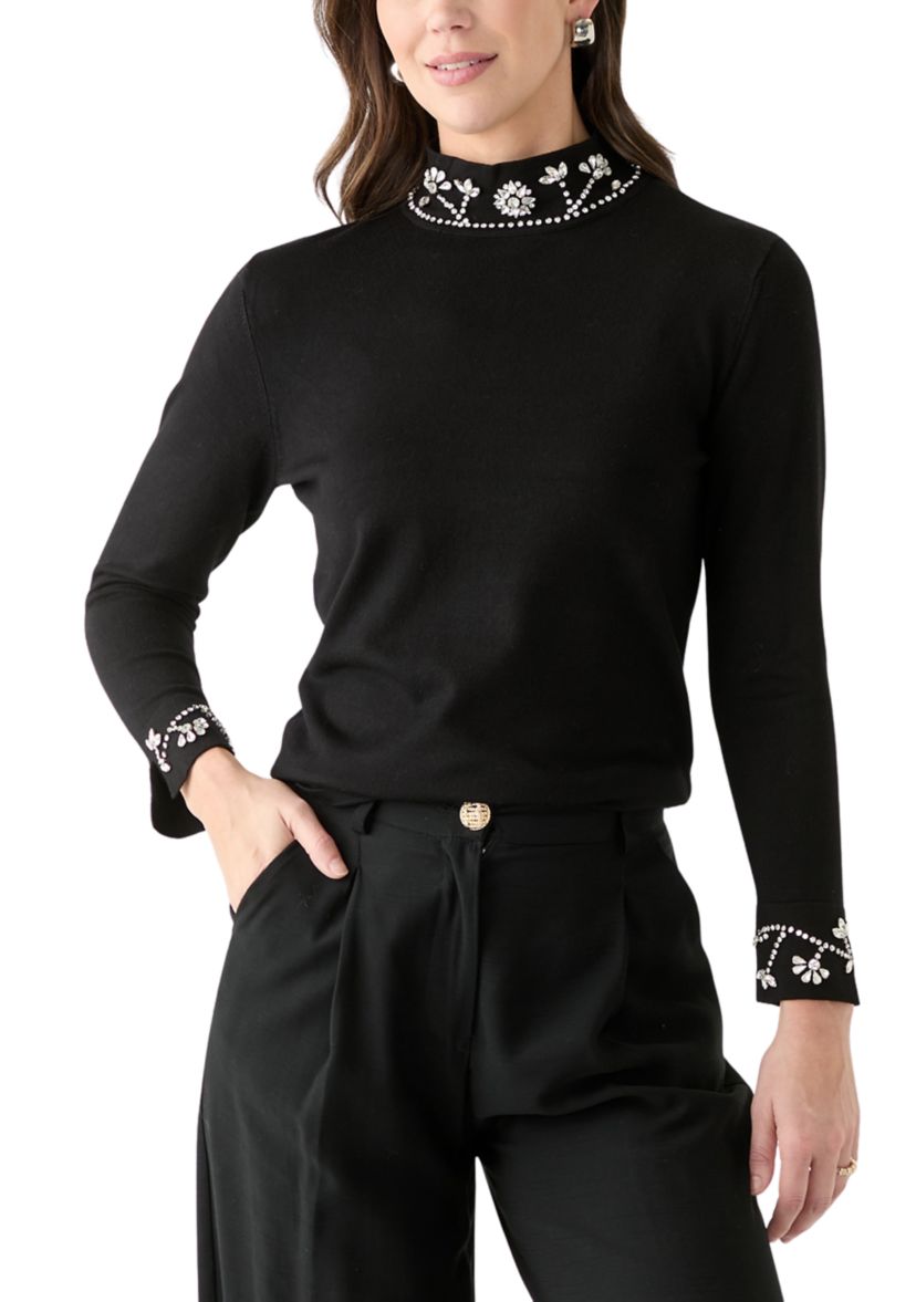 Womens Long Sleeve Rhinestone Neck Sweater
