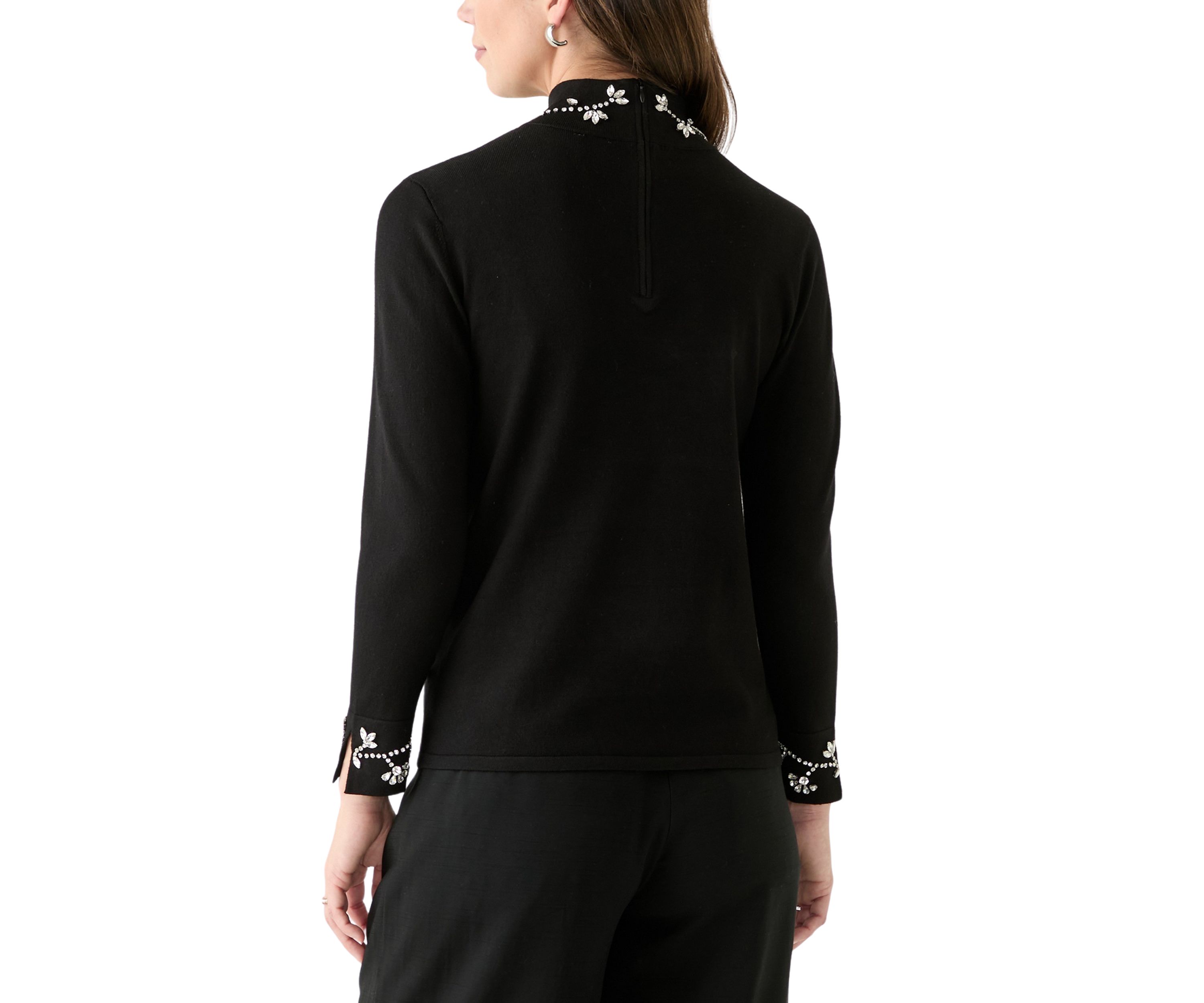 Womens Long Sleeve Rhinestone Neck Sweater
