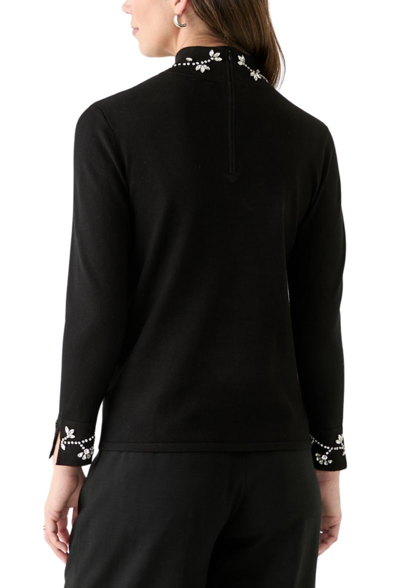 Womens Long Sleeve Rhinestone Neck Sweater