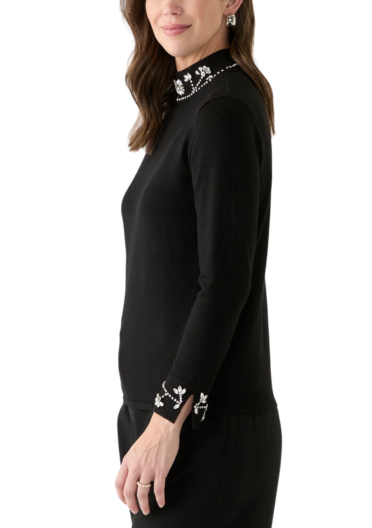 Womens Long Sleeve Rhinestone Neck Sweater