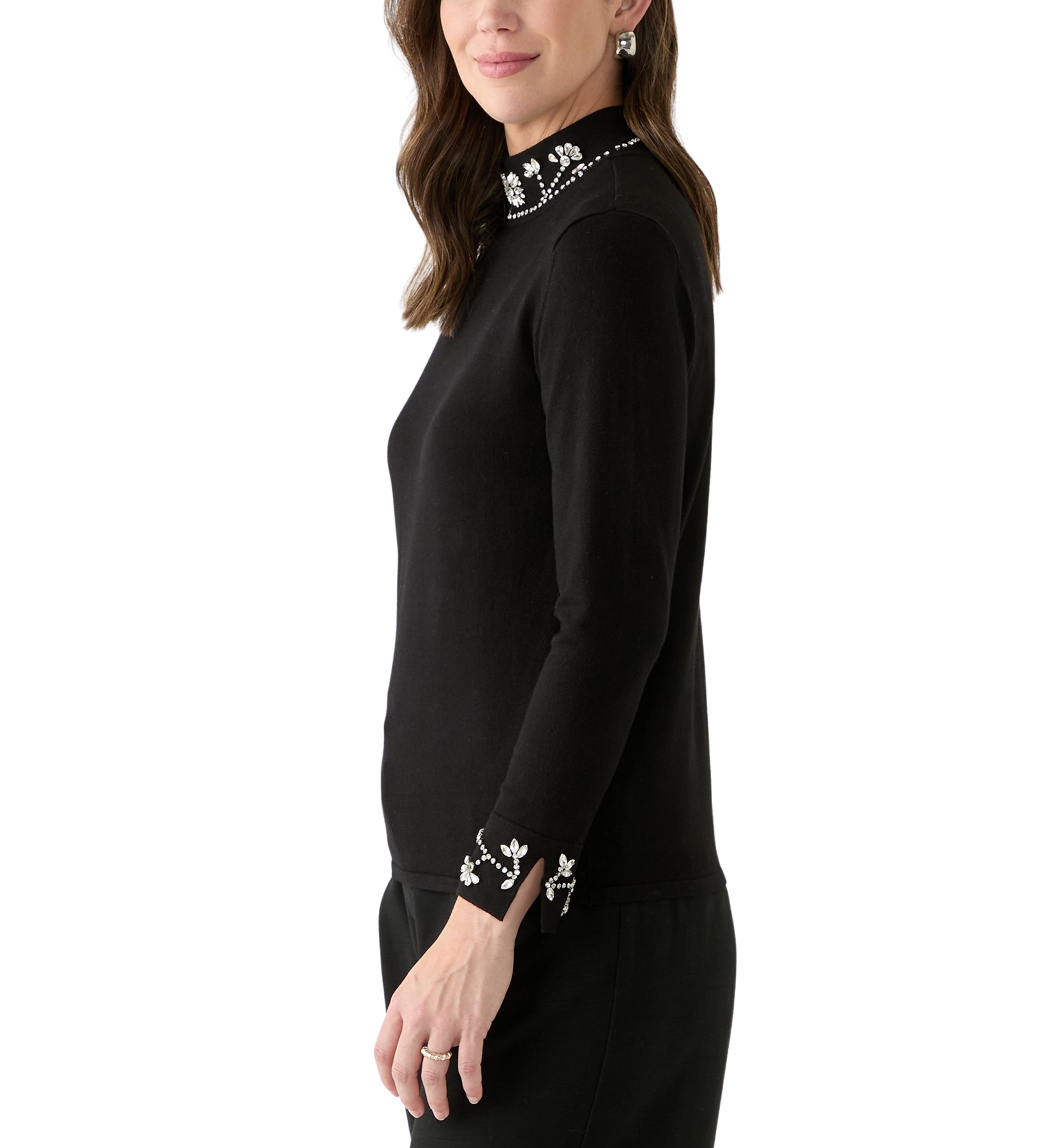 Womens Long Sleeve Rhinestone Neck Sweater