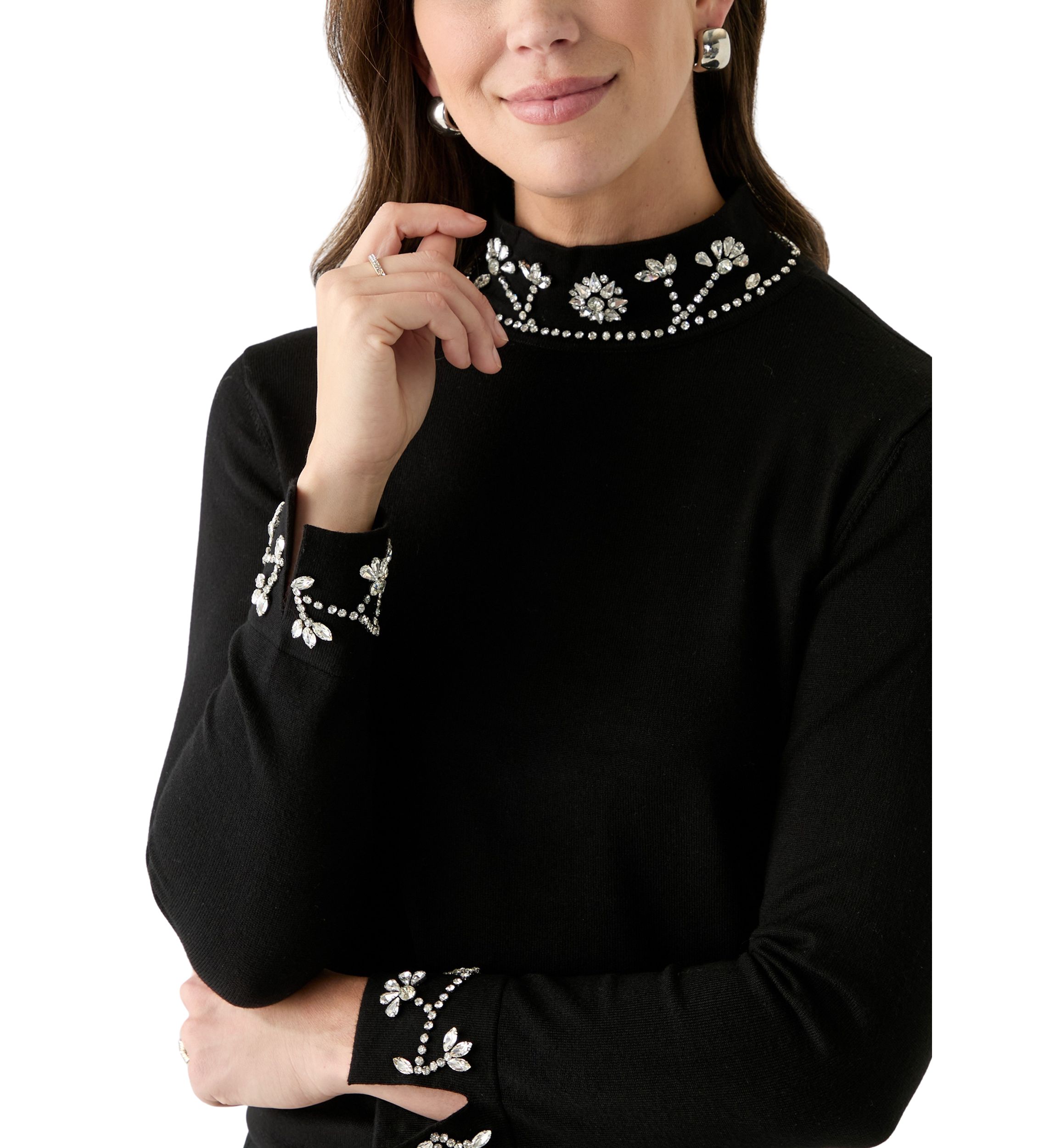 Womens Long Sleeve Rhinestone Neck Sweater