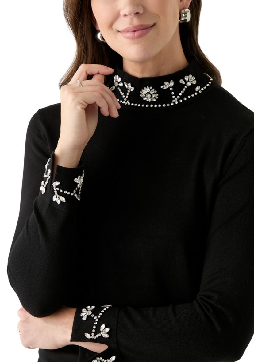 Womens Long Sleeve Rhinestone Neck Sweater