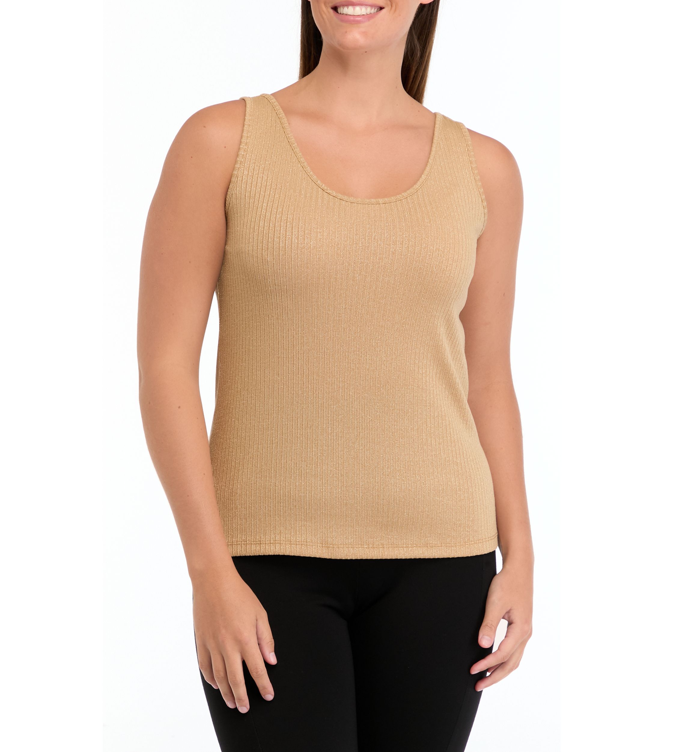 Womens Lurex Ribbed Knit Scoop Neck Tank Top