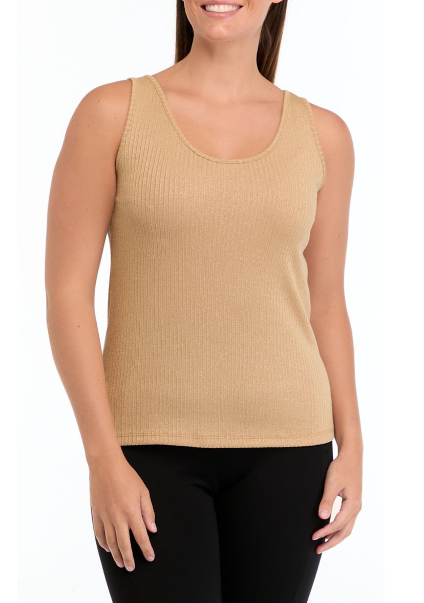 Womens Lurex Ribbed Knit Scoop Neck Tank Top