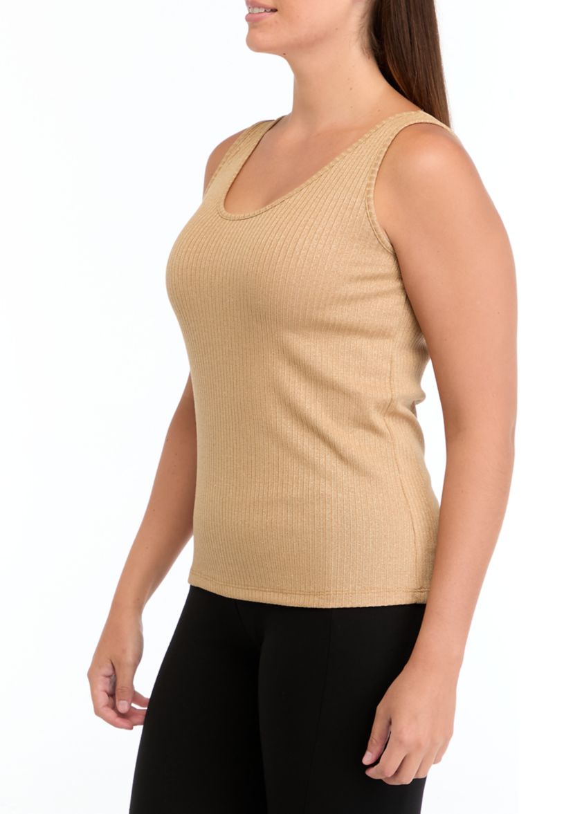 Womens Lurex Ribbed Knit Scoop Neck Tank Top