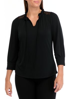 AK Anne Klein Women's Matte Jersey 3/4 Sleeve Tie Neck Top, Black, XS