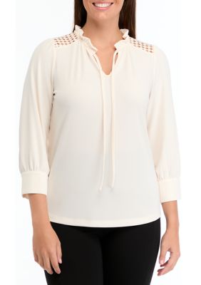 AK Anne Klein Women's Matte Jersey 3/4 Sleeve Tie Neck Top