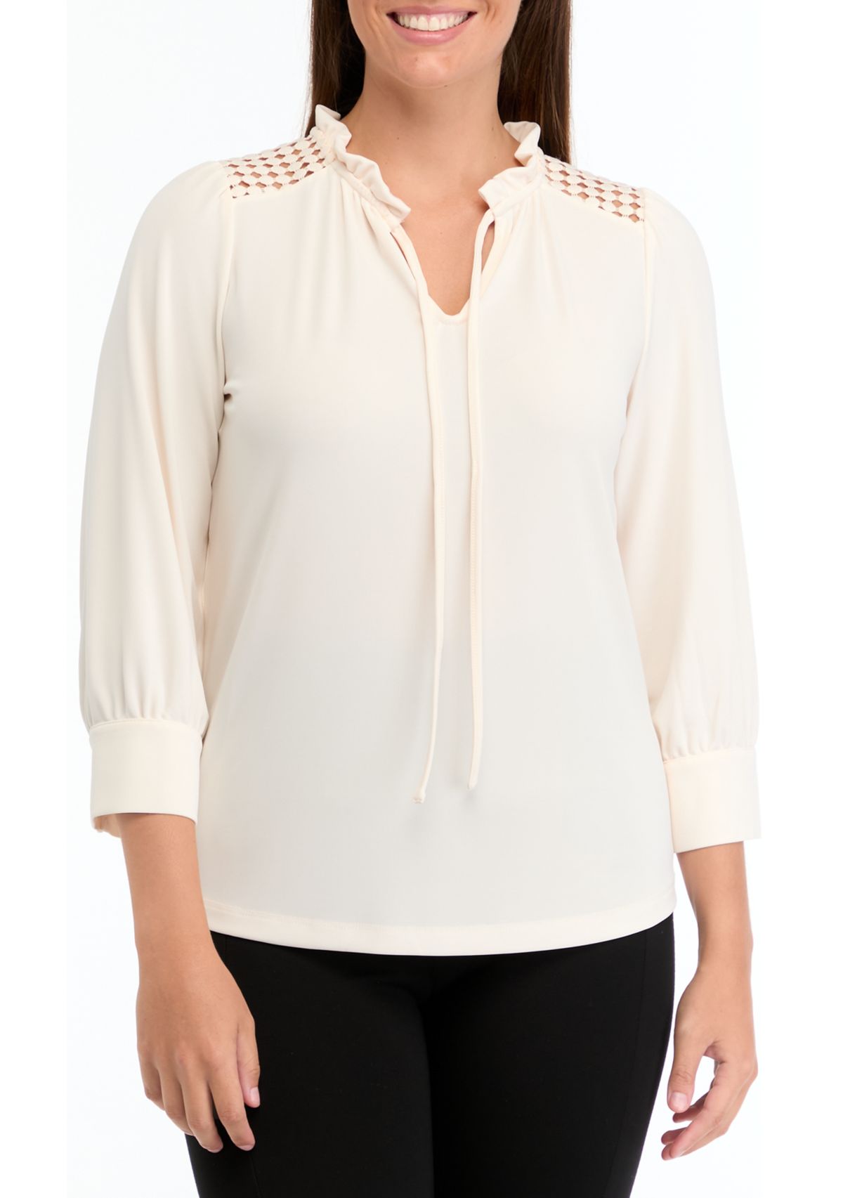 Womens Matte Jersey 3/4 Sleeve Tie Neck Top