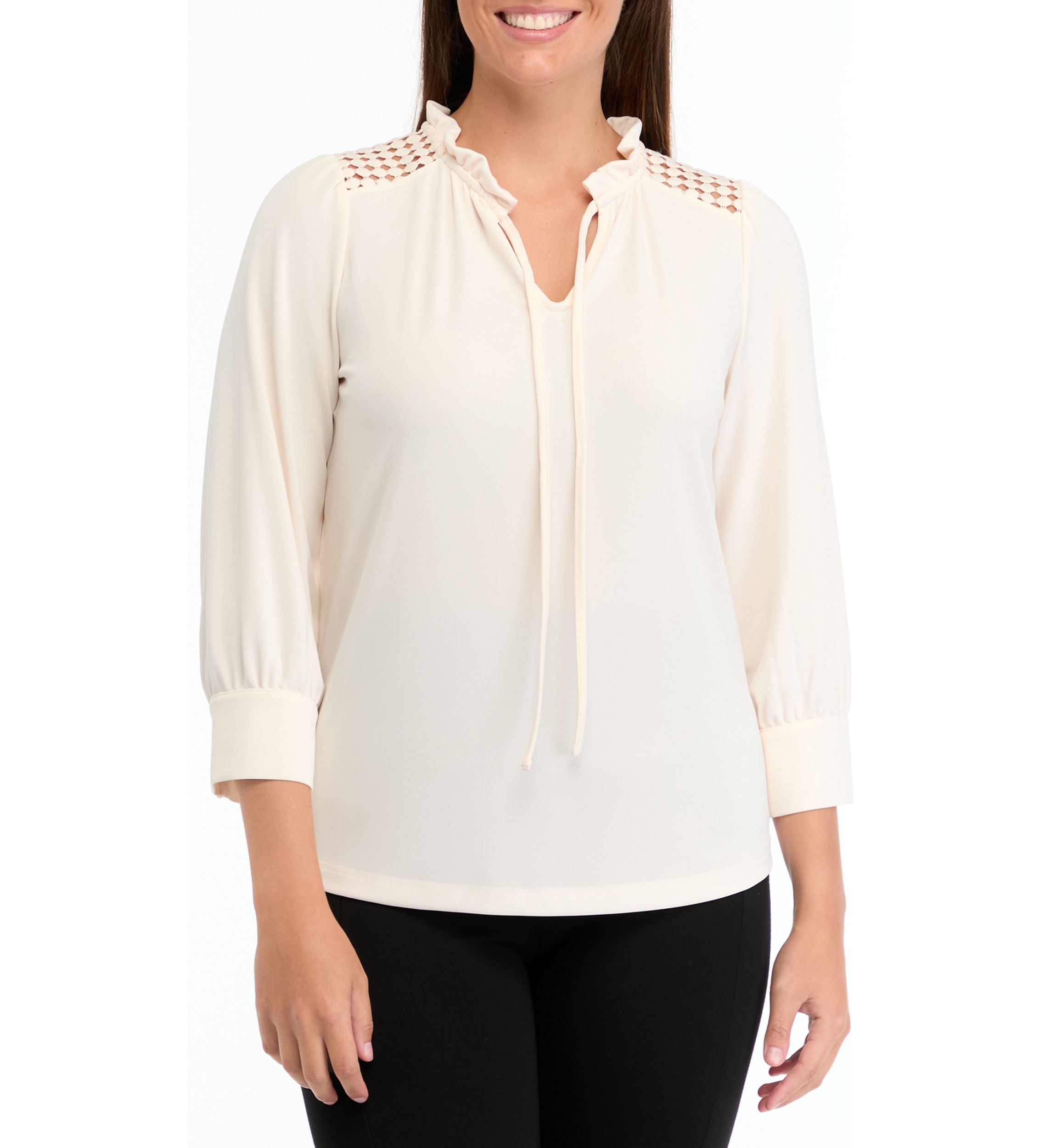Womens Matte Jersey 3/4 Sleeve Tie Neck Top