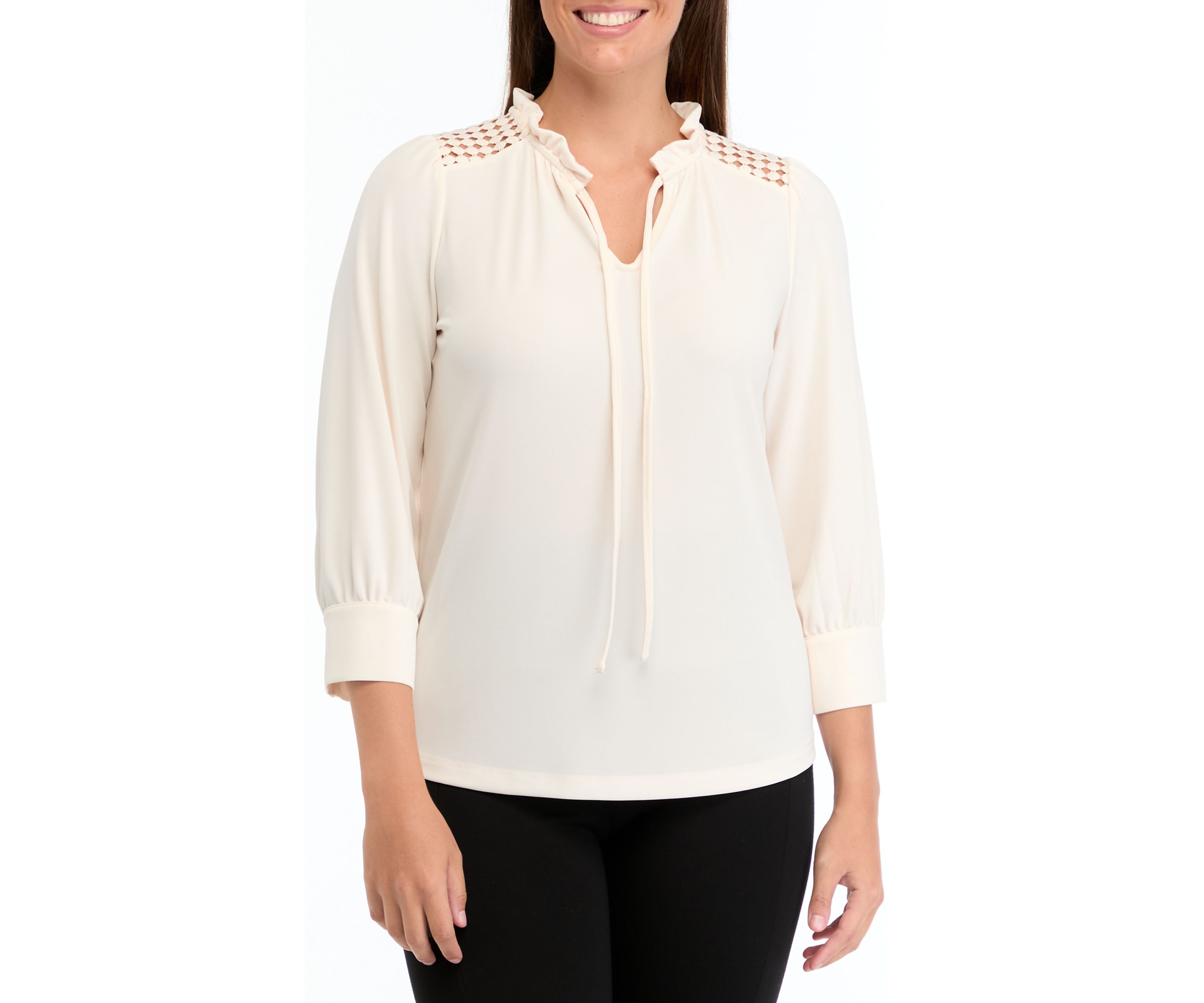 Womens Matte Jersey 3/4 Sleeve Tie Neck Top