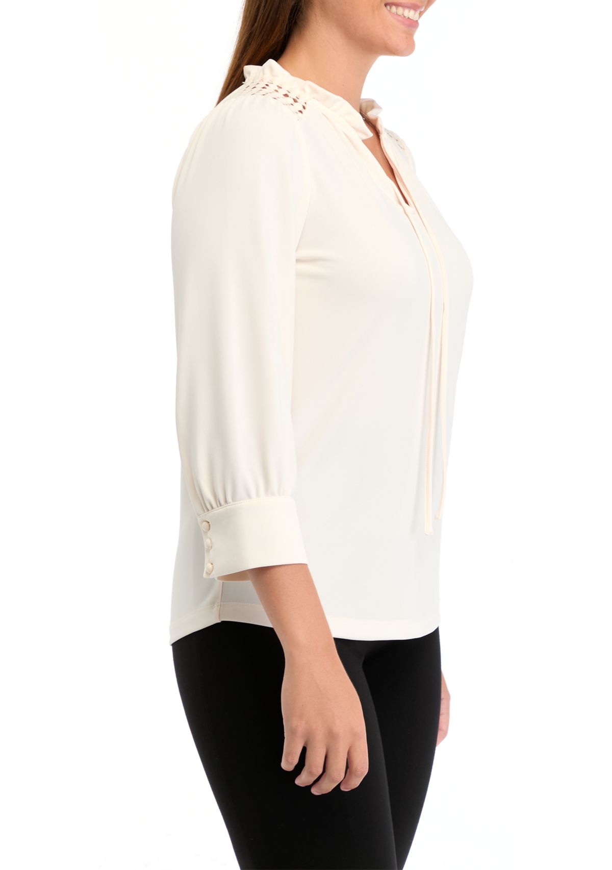 Womens Matte Jersey 3/4 Sleeve Tie Neck Top