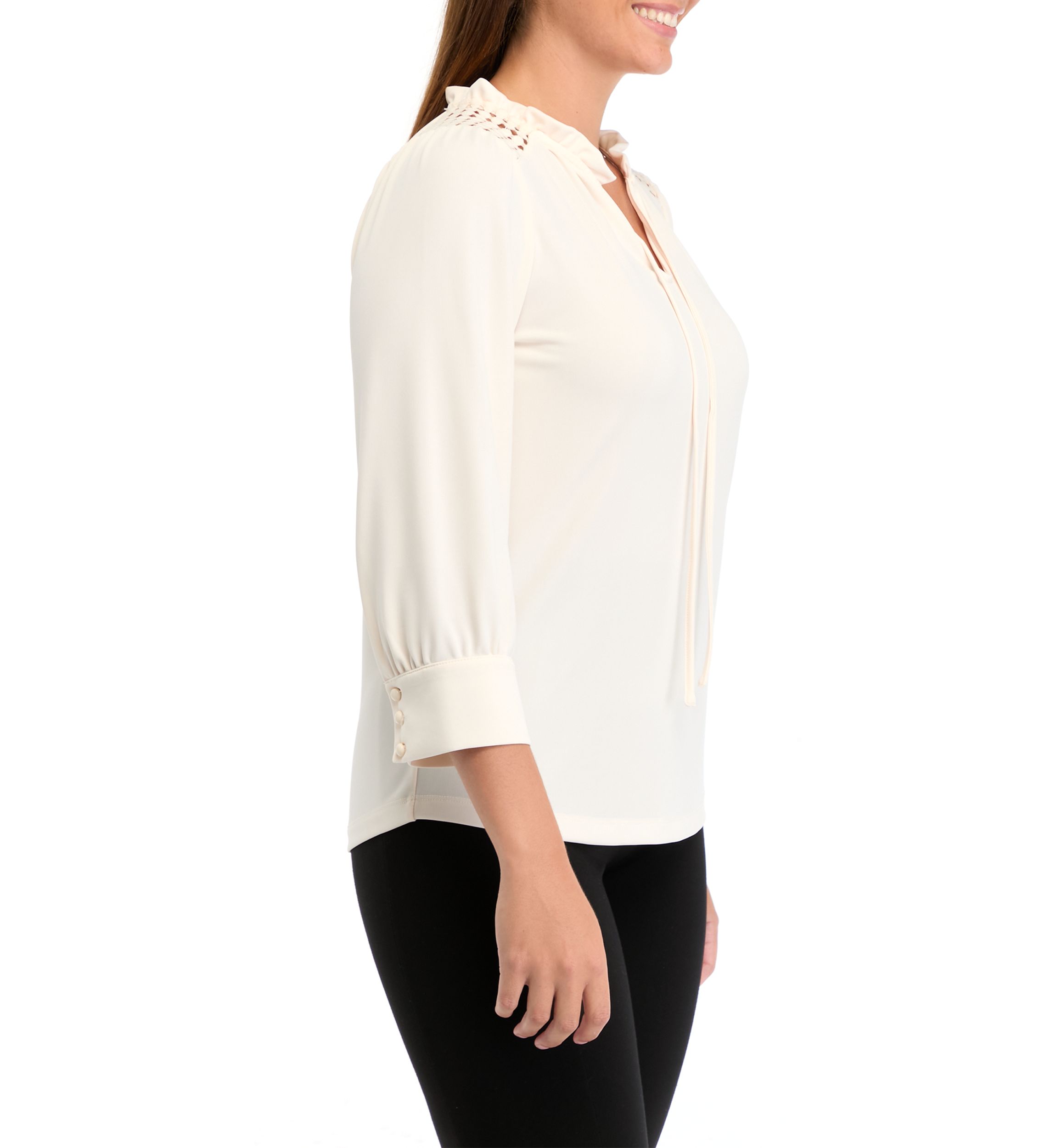 Womens Matte Jersey 3/4 Sleeve Tie Neck Top