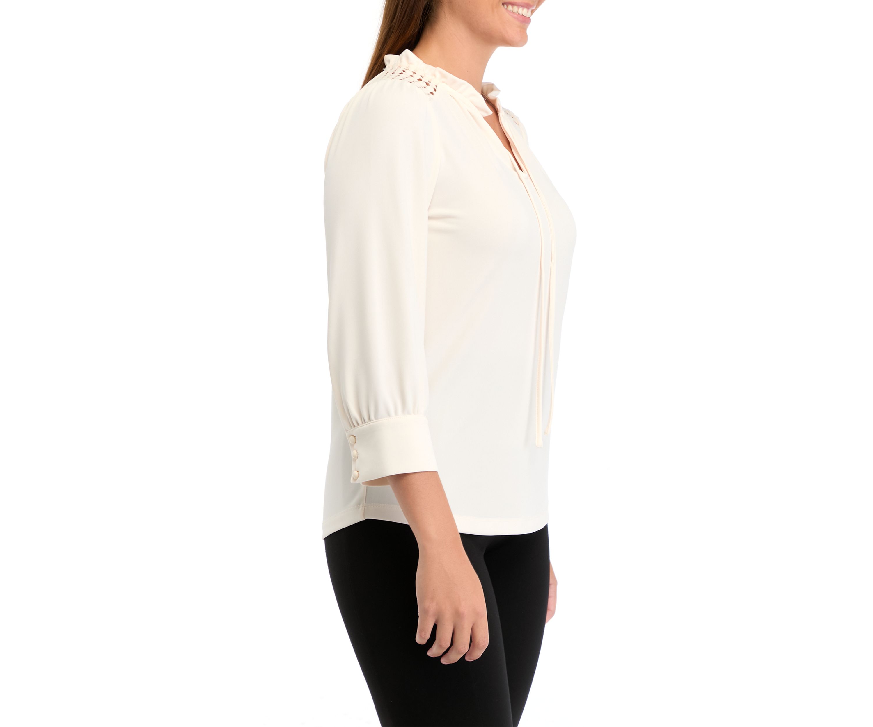 Womens Matte Jersey 3/4 Sleeve Tie Neck Top