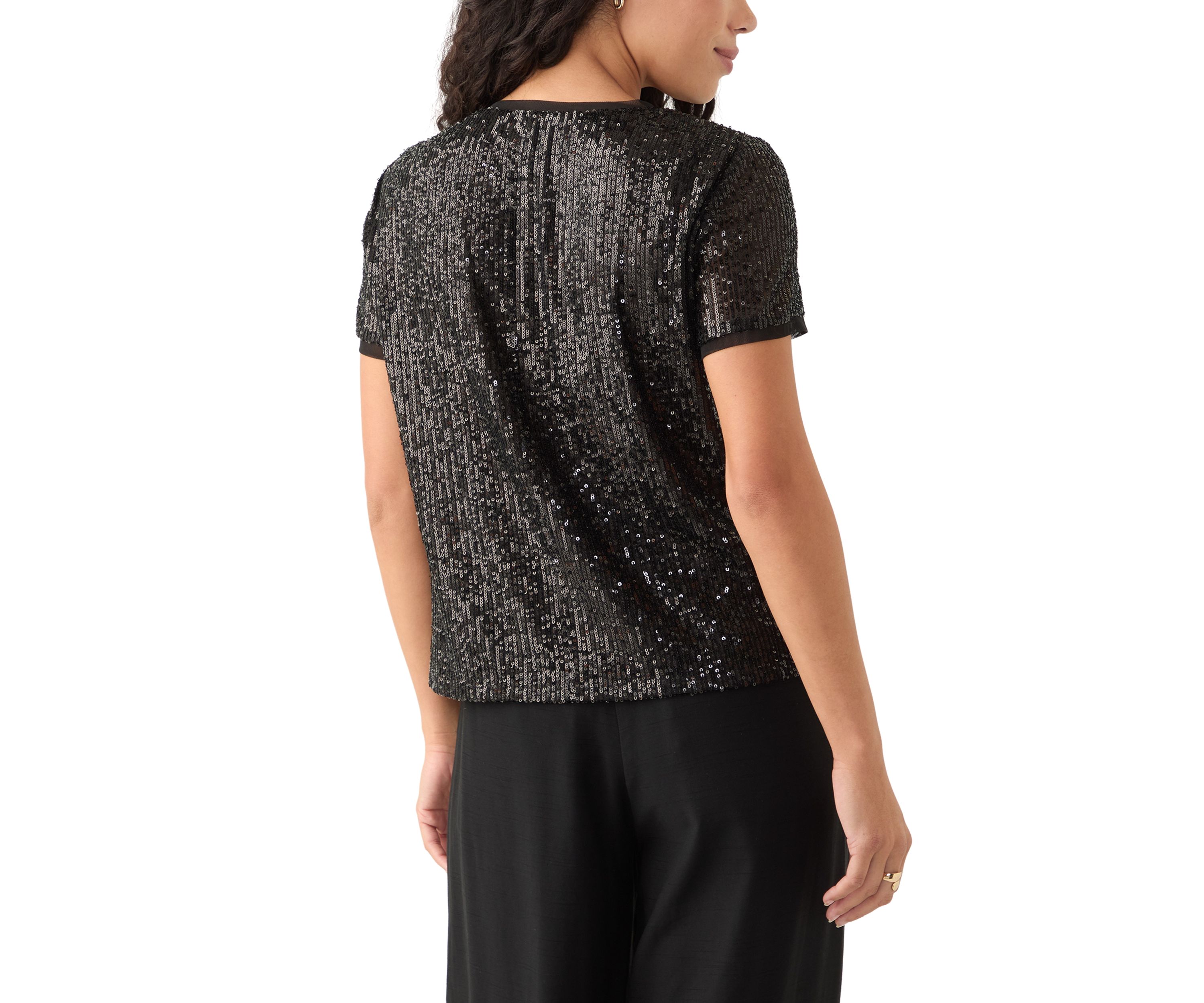 Petite Banded Linear Sequin Triple Mesh T-Shirt